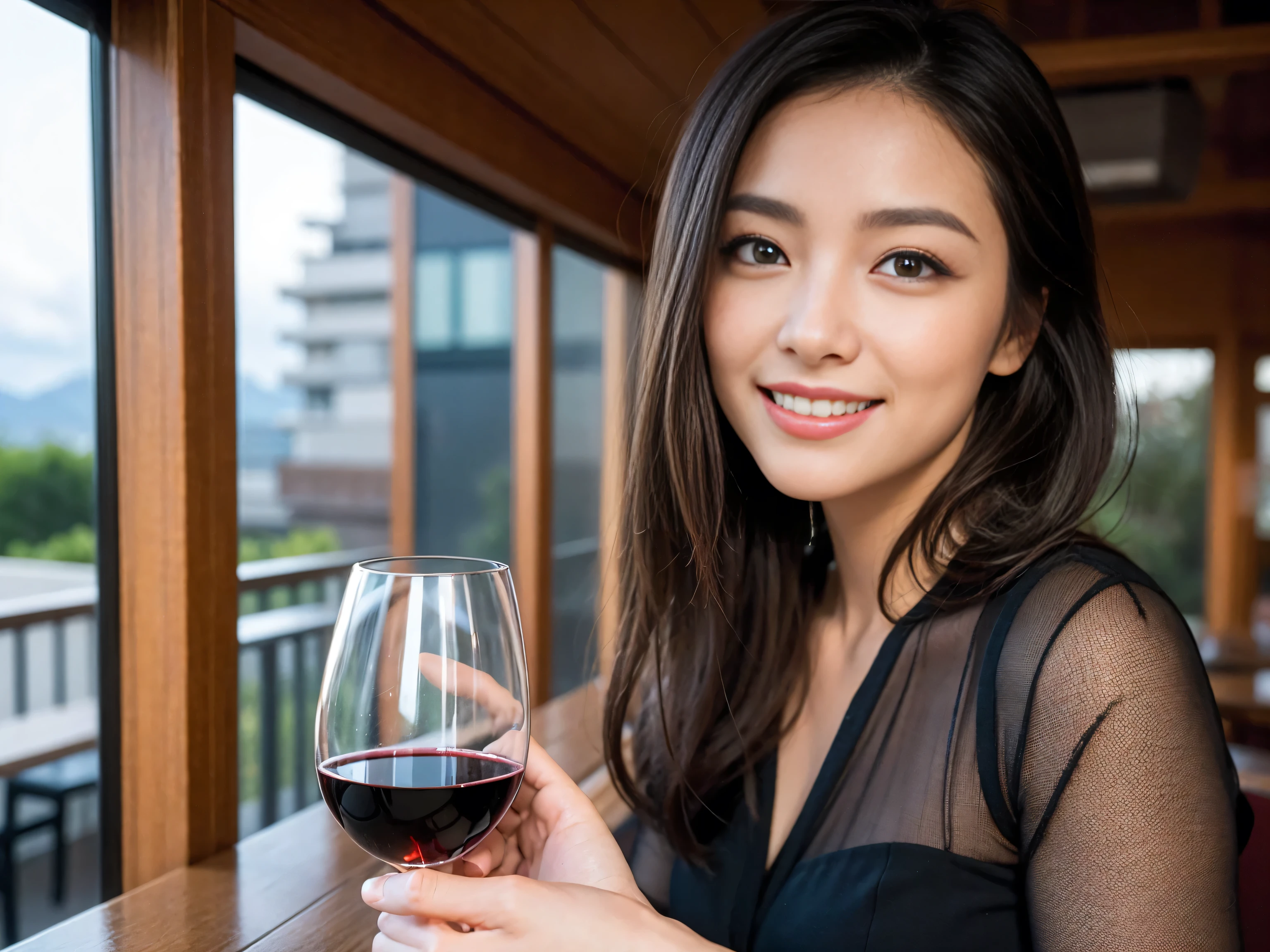 ((highest quality、8k、masterpiece:1.3))、Sharp focus:1.2、Beautiful woman perfect body:1.4、Slim body、((Bob Hale、Straight hair:1.2))、(to be born, highest quality, masterpiece:1.5), (Realistic, Intricate details:1.2), Ultra-high resolution, Amazing view of the sunset sky and clouds、Amazing mountain views、A bright smile、A lovely woman with a smile、Bright image、2. The beauty of wine, Beautiful Face, blue eyes, The light shines on your face, Blushing, short hair,Bright Face、Fox face、 (36 years old), 39 years old, Lady、red wine 、Appetizers、Italian food、Wine bottle、Champagne、sparkling wine、Two beauties、Brown Hair、Shortcuts、Long sleeve shirt、dress、Pretty Woman 1, (Slim face), (The body is slim), (Brown Hair), (Shortcuts), cheeks turn a little red,Attractive beauty、, Out of the window, A beautiful and detailed night view unfolds.........., restaurant, In a prominent place (From the waist up) Nova Frog Style, actress, model, Upper Body, White wine, slim, wine glass, Wine glass placed in the center, smile, (smile: 1.15), Beautiful fine grain, Depth f/2,saturation, High Contrast, Strong light and shadow,Moist Body:1.5、3D texture、Delicate eyes、Brown Hair、The hair is very shiny、