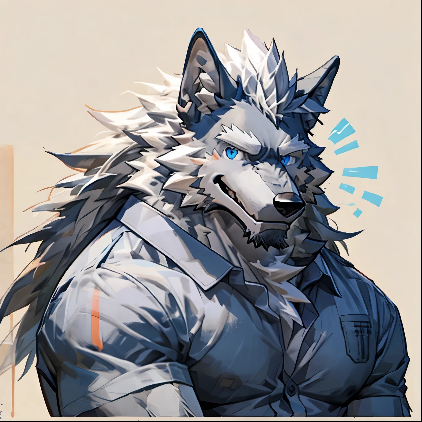 masterpiece, Simple Background, 1 Grey Wolf Beastman, View Viewer, Blue Eyes, Muscular, (Sweat:0.4), summer shirt, Portrait, smile