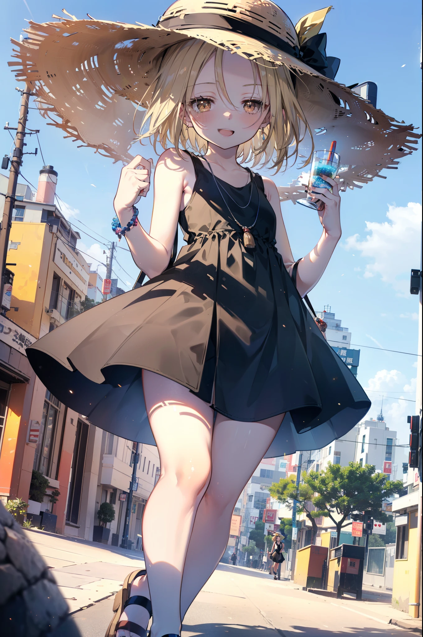 (annakyouyama, anna kyouyama, Blonde Hair, short hair, (Brown eyes:1.7),happy smile, smile, Open your mouth,Big straw hat,Black sleeveless dress,Long skirt,Cute Sandals,Daytime,Clear skies,Walking,
壊す looking at viewer, whole body,
Destroy outdoors, Building district,Destroy the coastal road (masterpiece:1.2), highest quality, High resolution, unity 8k wallpaper, (shape:0.8), (Fine and beautiful eyes:1.6), Highly detailed face, Perfect lighting, Highly detailed CG, (Perfect hands, Perfect Anatomy),