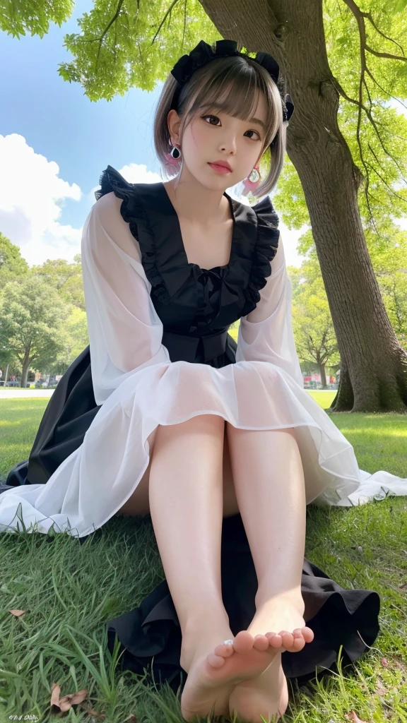 (8k, Photorealistic, Raw photo, Highest quality: 1.4),Japanese idol style１Beautiful girl of the person,18-year-old,Short Bob,Silver Hair,Hang your hair over your ears,Wearing shell earrings in her ears,Big, clear grey eyes,Long eyelashes,Tear bags,There is a blackhead under the left eye,Plump Cheeks,Pink lip gloss for glossy, plump lips,barefoot,Wearing a black Gothic Lolita dress,sitting on the grass under a tree in the park,Leaning against a tree,She is surrounded by the gentle sunlight filtering through the trees.,Full body portrait,View from below,Looking down at the camera