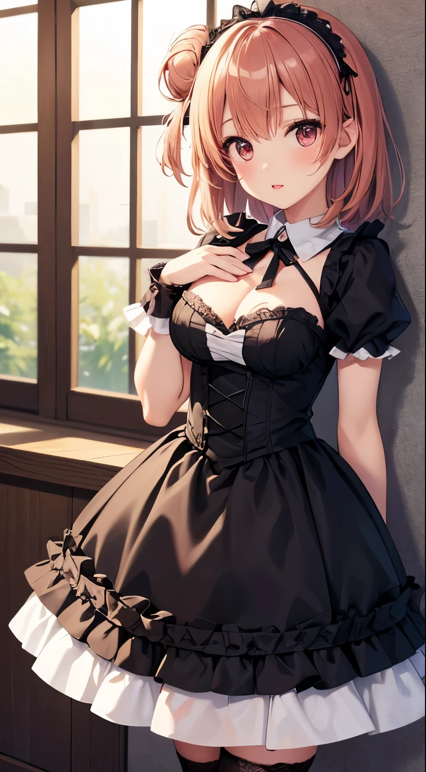 1girl, solo, masterpiece, best quality, high res, highly detailed, illustration, beatiful detailed eyes, yuigahama yui, single hair bun, glossy lips, light makeup, standing, (gothic ta dress), blush