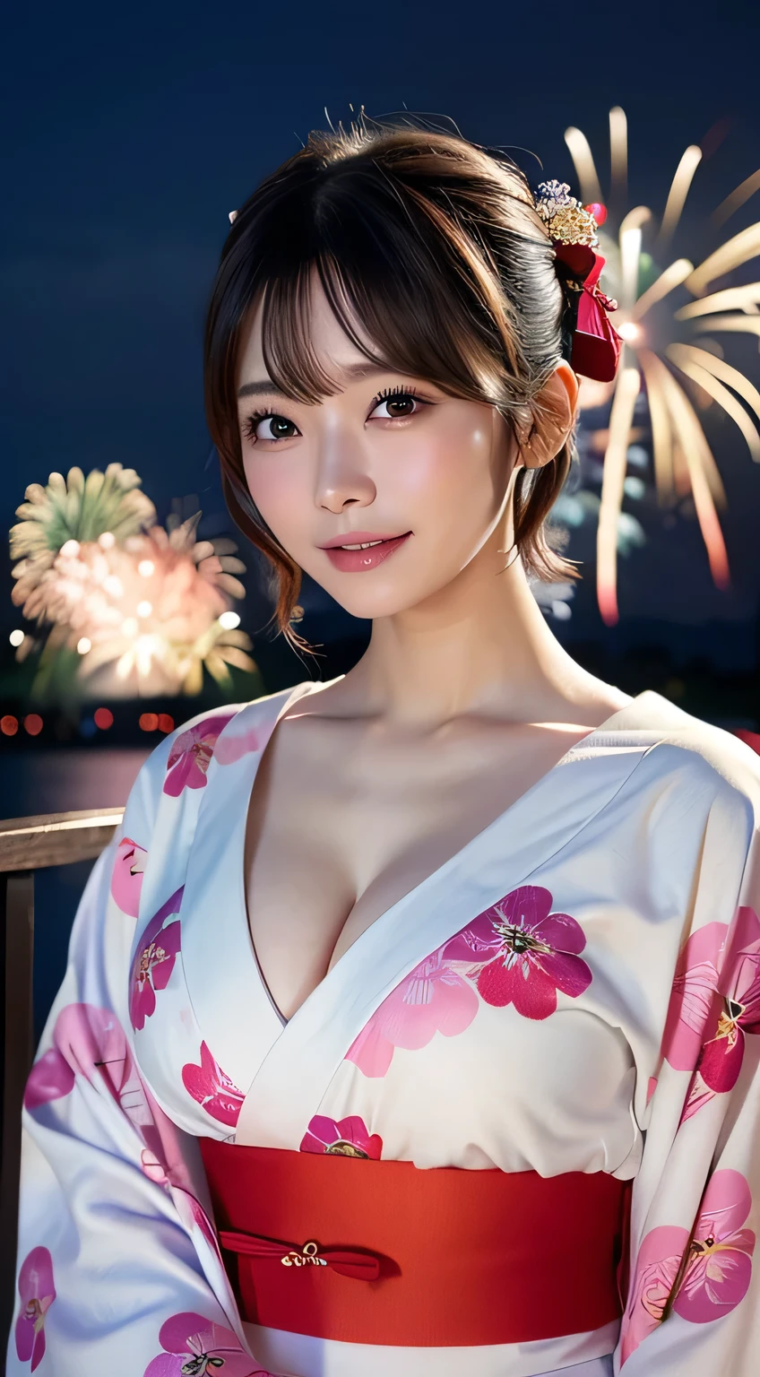 (8k、RAW Photosgraphy、highest quality、masterpiece:1.2)、(Realistic、Photorealistic:1.37)、Ultra-high resolution、One Girl、cute、solo、night、Sitting、date、(Nose redness)、(Laughter:1.1)、(Closed)、huge 、Beautiful Eyes、(short hair:1.2)、(((Fireworks bursting into the sky、night)))、(((kimono、yukata)))、Cleavage、Perfect body、Perfect Fingers、Professional Lighting、Japanese Goddess、gravure、Detailed face and skin texture、Detailed eyes、RAW Photos、Cleavage、The clavicle is visible、Hair Up