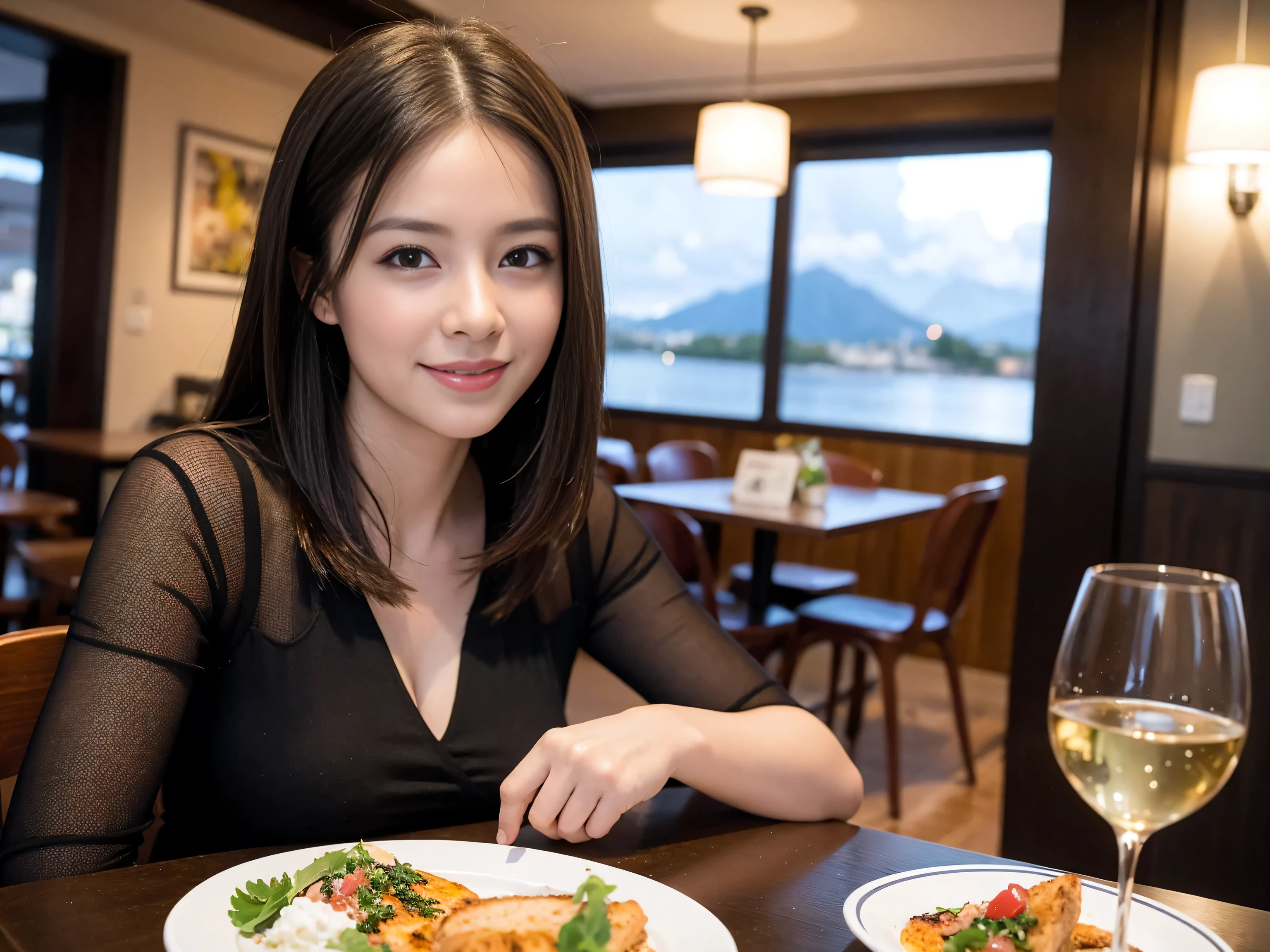 ((highest quality、8k、masterpiece:1.harp focus:1.2、Beautiful woman perfect body:1.4、Sliody、((Bob Hale、Straight hair:1.2))、(to be born, highest quality, masterpiece:1.5), (Realistic, Intricate details:1.2), Wine glass on the table、Put the light on your face、 Amazing view of the sunset sky and clouds、Amazing mountain views、A bright smile、A lovely woman with a smile、Bright image、2. The beauty of wine, Beautiful Face, blue eyes, The light shines on your face, Blushing, short hair,Bright Face、Fox face、 (43 years old), 39 years old, Lady、red wine 、Appetizers、Italian food、Wine bottle、Champagne、sparkling wine、Two beauties、Brown Hair、Shortcuts、Long sleeve shirt、dress、Pretty Woman 1, (Slim face), (The body is slim), (Brown Hair), (Shortcuts), cheeks turn a little red,Attractive beauty、, Out of the window, A beautiful and detailed night view unfolds.........., restaurant, In a prominent place (From the waist up) Nova Frog Style, actress, model, Upper Body, White wine, slim, wine glass, Wine glass placed in the center, smile, (smile: 1.15), Beautiful fine grain, Depth f/2,saturation, High Contrast, Strong light and shadow,Moist Body:1.5、3D texture、Delicate eyes、Brown Hair、The hair is very shiny、