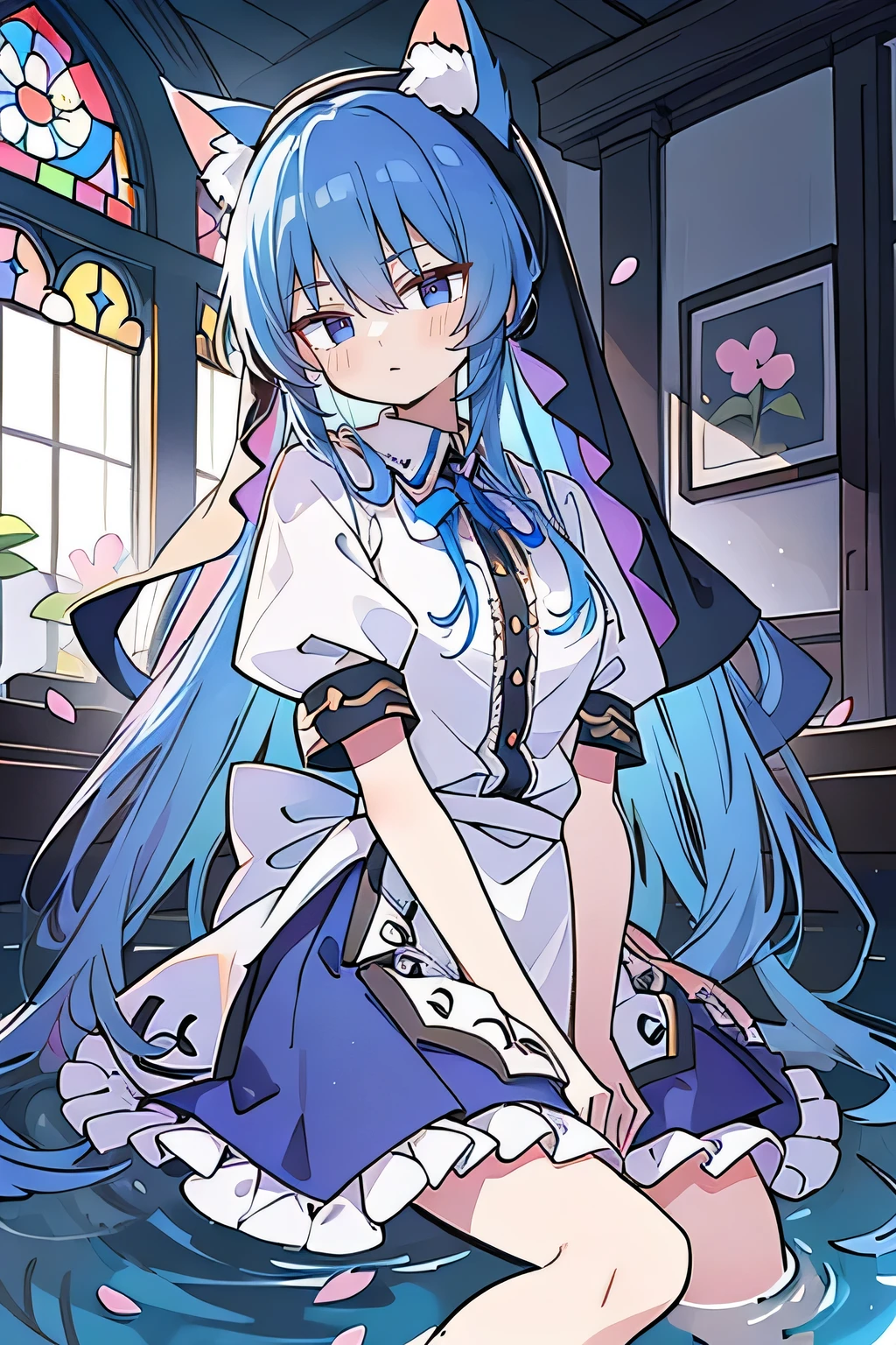 (masterpiece:1.2),Extremely detailed,Practical,expressive eyes,Fair skin,Perfect face shaping,1 Girl,
Japanese cartoons,Gorgeous blue hair, the long flowing blue hair,Floating clothes,Cat ears,Petals fall,beautiful lola,Young Angel,
Place your hands on your waist,sit elegantly on the ground,Cross your legs,Gentle and peaceful background,stately church,nun,lie on the water.