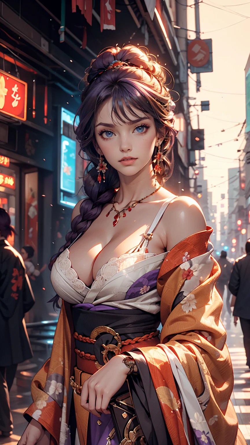 One girl, Blunt bangs, Braiding, Wide sleeves, hair ornaments, kimono, Red belt, (Purple Hair:1.2), Very long hair, Straight hair, View Viewer, Highly detailed background, (Photorealistic:1.2), Fine grain, Red eyeshadow, Depth of written boundary，thigh, (Ulzzang-6500:0.7), Upper Body, (alone:1.2), (Cyberpunk City:1.1), Cleavage, (Put your finger on your lips:1.1),Shiny skin