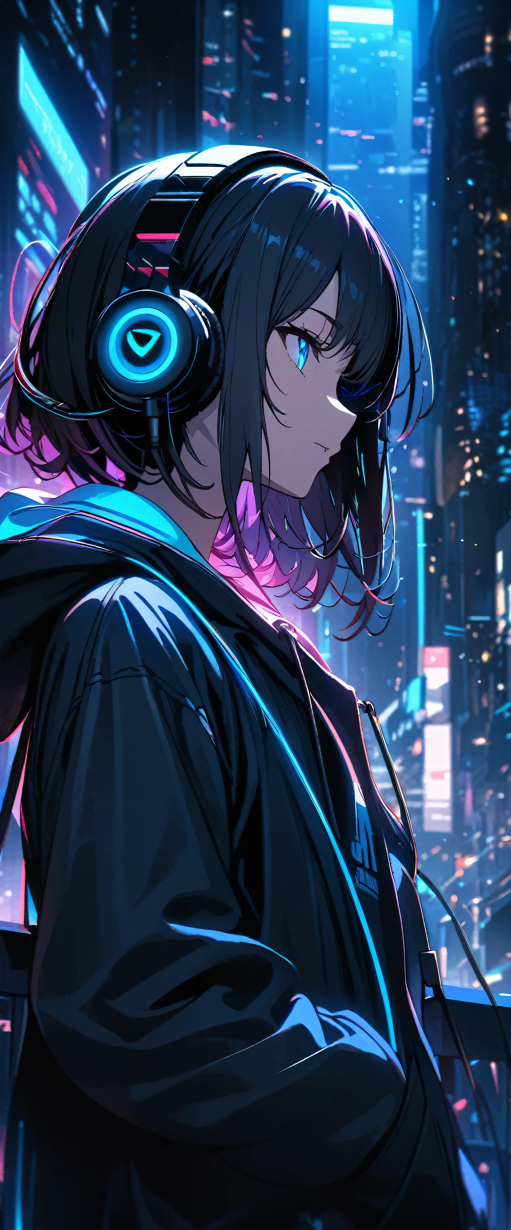 ultra detailed,1 girl, solo, hoodie, facial profile, headphone, RGB lighting headphones, headphones with blue lighting, headphone with cable, blue lighting, city, night city