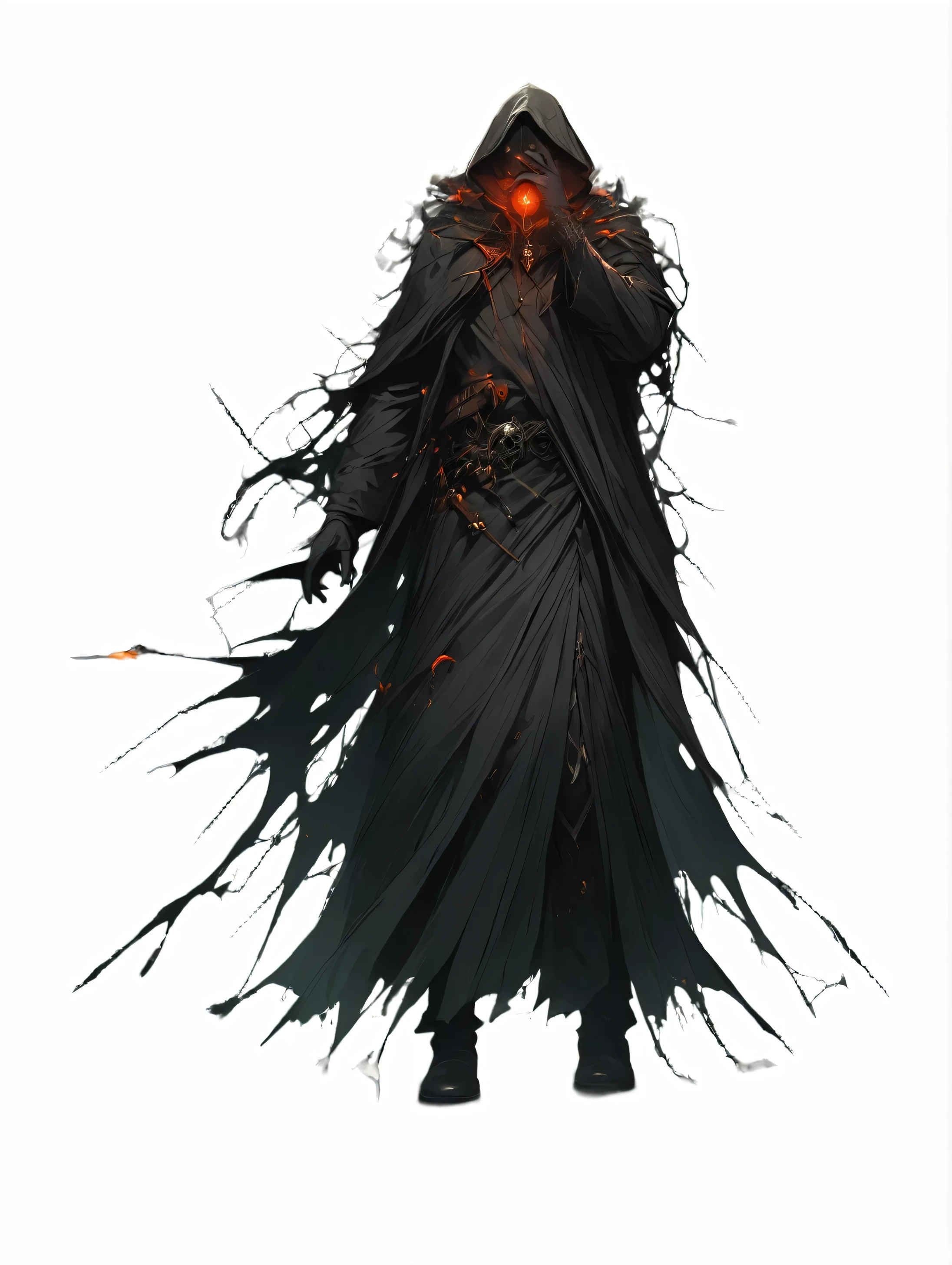 arafed image of a man in a hooded cloak with a glowing eye, dark cloaked necromancer, dark hooded wraith, dark flowing robe, male necromancer, beautiful male god of death, dark fantasy character design, dark witch character, demon soul concept art, dark robe, hyperdetailed fantasy character, evil male sorcerer