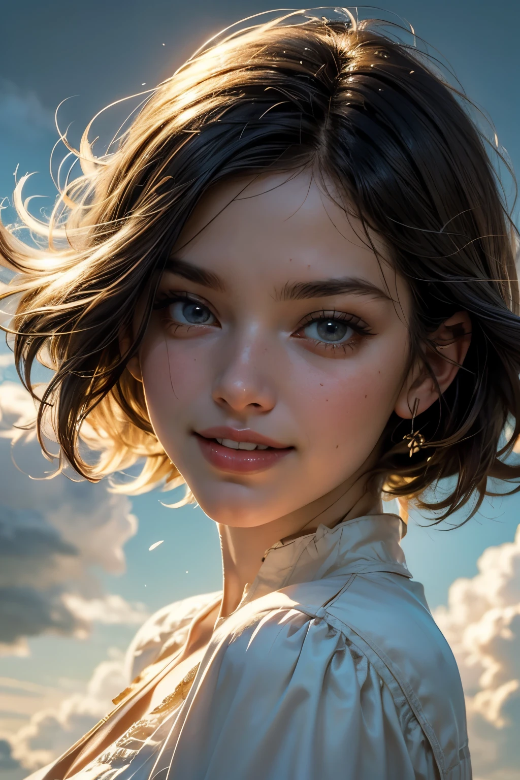 masterpiece, best quality, movie still, 1girl, floating in the sky, cloud girl, cloud, (close-up:1.1), bright, happy, fun, soft lighting, (Bauhaus, shapes, lines, abstract:1.1)