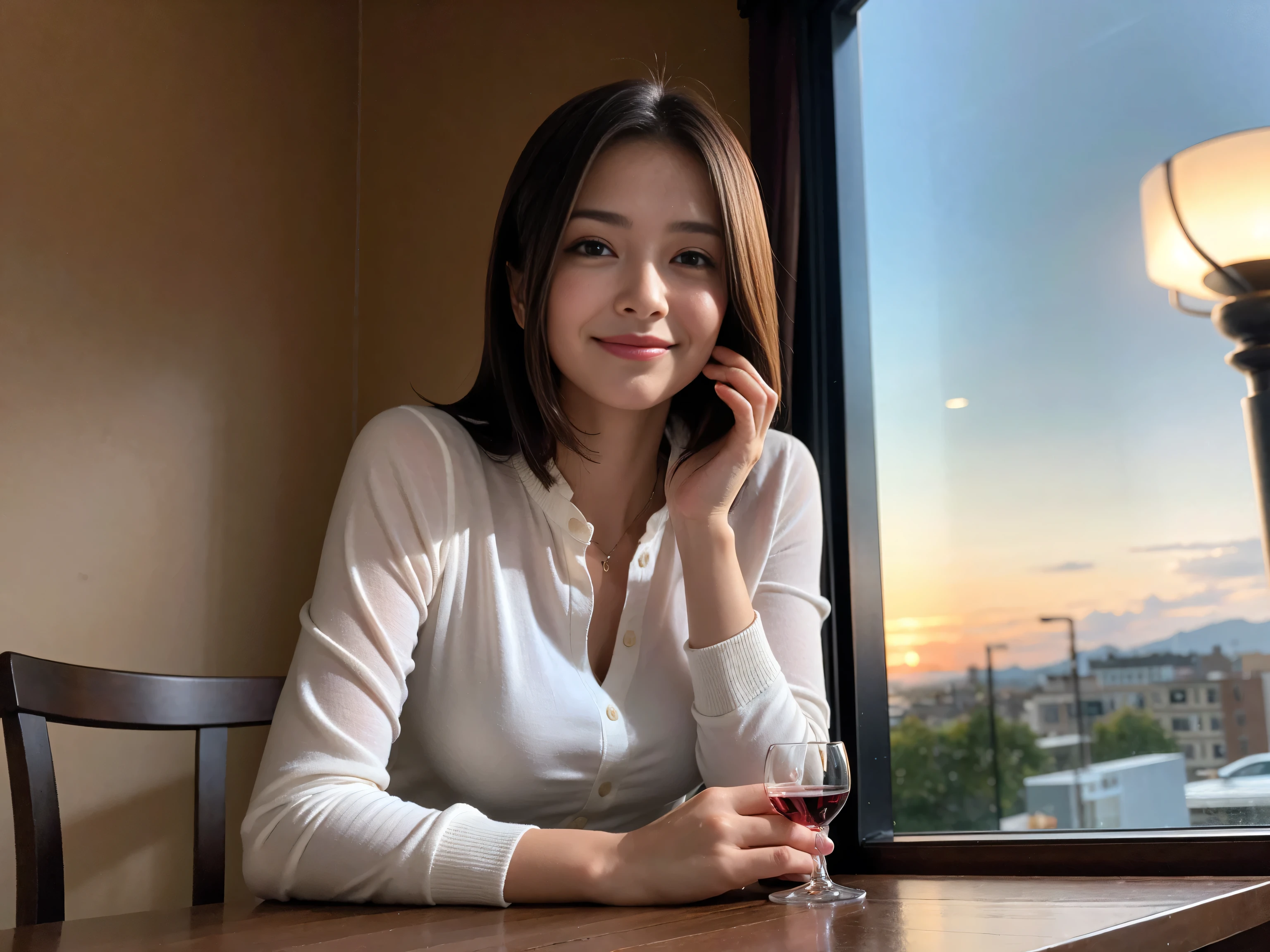 ((highest quality、8k、masterpiece:1.3))、Two beautiful women、Slim body、((Bob Hale、Straight hair:1.2))、(to be born, highest quality, masterpiece:1.5), (Realistic, Intricate details:1.2), Ultra-high resolution, Wine glass on the table、Facial lighting、Amazing view of the sunset sky and clouds、Amazing mountain views、A bright smile、A lovely woman with a smile、Bright image、The beauty of wine, Beautiful Face, blue eyes, The light shines on your face, Blushing, short hair,Bright Face、 (41 years old), 39 years old, Lady、red wine 、Appetizers、Italian food、Wine bottle、Champagne、sparkling wine、Two beauties、Brown Hair、Shortcuts、Long sleeve shirt、dress、Pretty Woman 1, (Slim face), (The body is slim), (Brown Hair), (Shortcuts), cheeks turn a little red,Attractive beauty、, Out of the window, A beautiful and detailed night view unfolds.........., restaurant, In a prominent place (From the waist up) Nova Frog Style, actress, model, Upper Body, White wine, slim, wine glass, Wine glass placed in the center, smile, (smile: 1.15), Beautiful fine grain, Depth f/2,saturation, High Contrast, Strong light and shadow,Moist Body:1.5、3D texture、Delicate eyes、Brown Hair、The hair is very shiny、