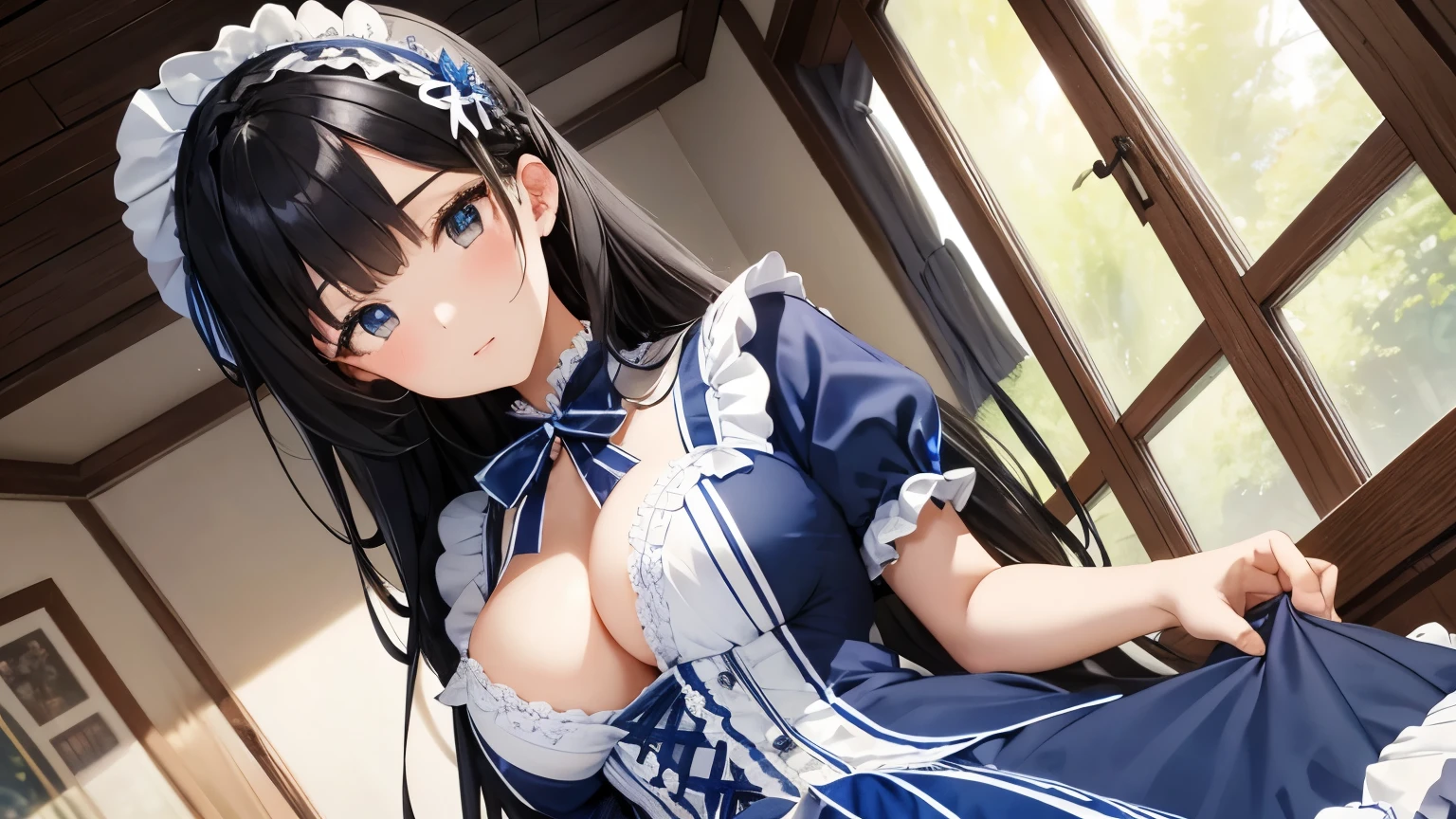 A beautiful woman wearing a blue and white sweet lolita dress with lots of frills and lace　Black hair braid with hair ornament　Upper Body　Big Breasts