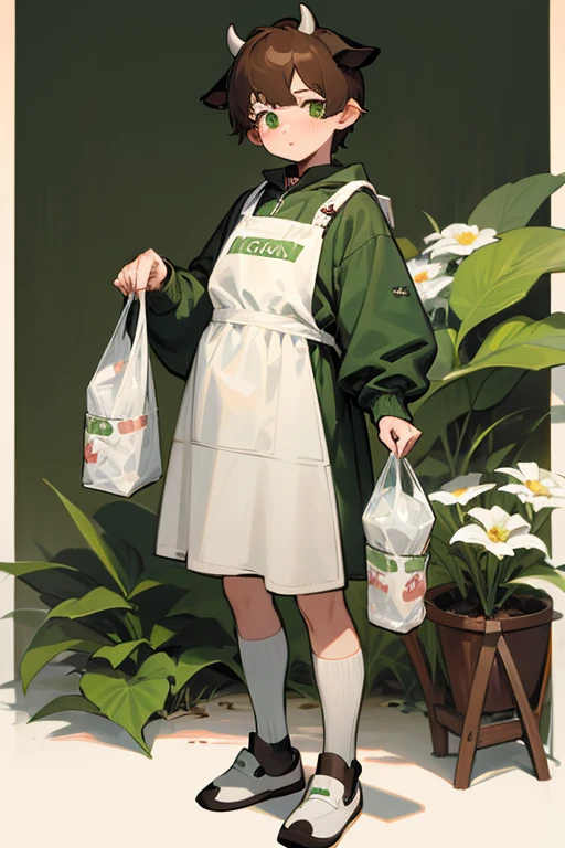 boy, Brown hair, green eyes, full body, cow hoodie, cow apron, long sleeves jersey, cow diaper, cow slippers, nurseryboy, milk bottle, diapers, pacifier,