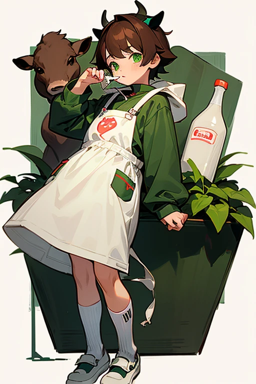 boy, Brown hair, green eyes, full body, cow hoodie, cow apron, long sleeves jersey, cow diaper, cow slippers, nurseryboy, milk bottle, diapers, pacifier,