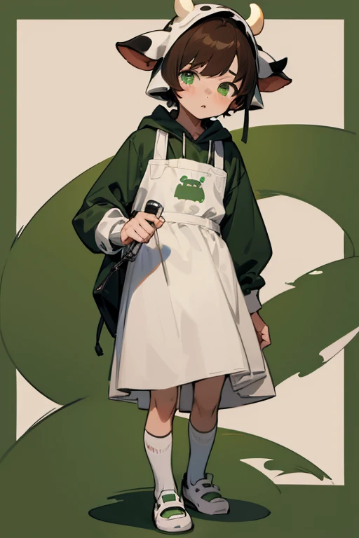 boy, Brown hair, green eyes, full body, cow hoodie, cow apron, long sleeves jersey, cow diaper, cow slippers, nurseryboy, milk bottle, diapers, pacifier,