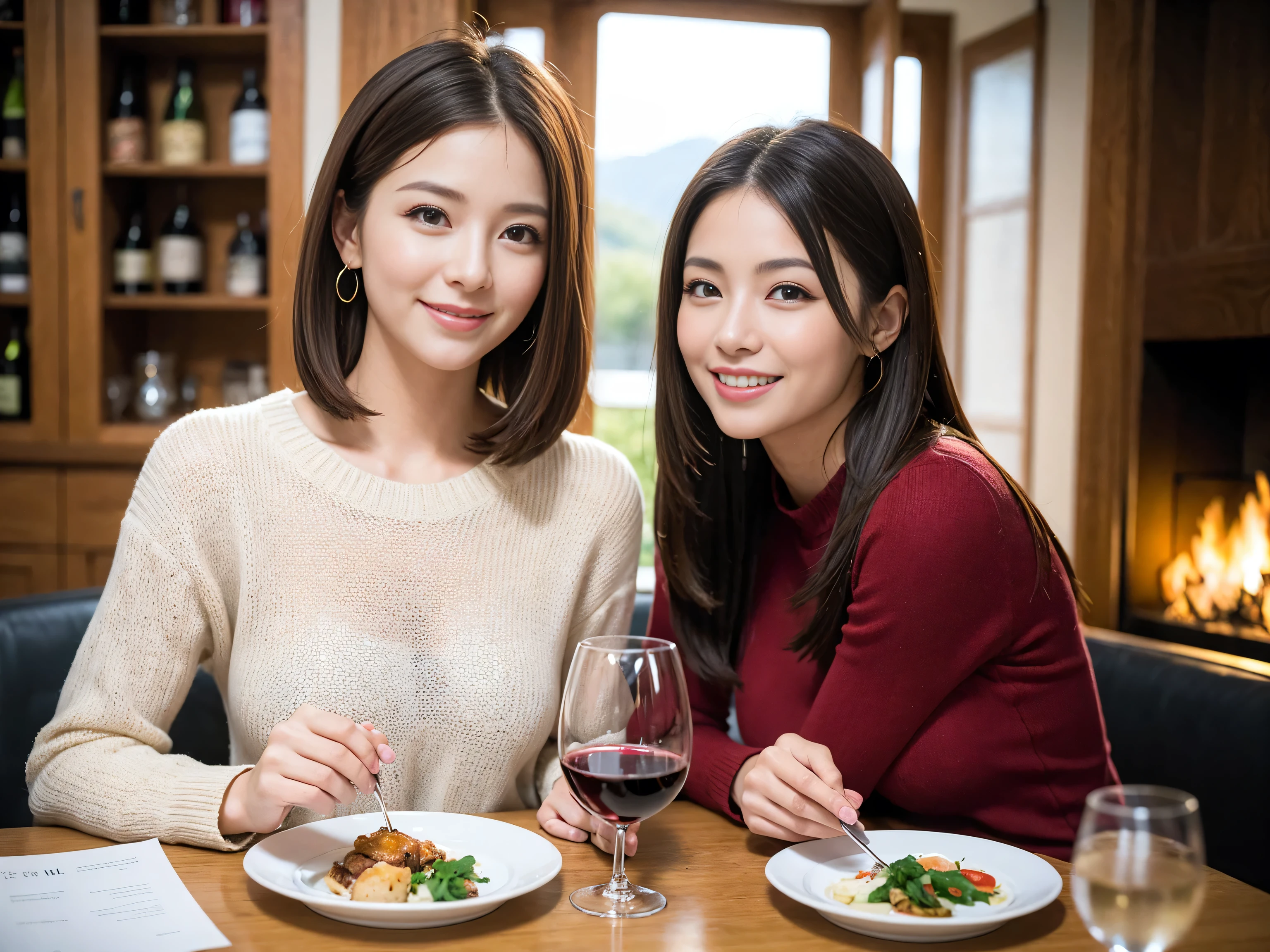 ((highest quality、8k、masterpiece:1.3))、1 male、1 female、Satomi Ishihara lookalike couple、Spouse、Brown Hair Couple、The body is slim、((Bob Hale、Straight hair:1.2)), (Realistic, Intricate details:1.2), Wine glass on the table、Put the light on your face、 Amazing view of the sunset sky and clouds、Amazing mountain views、A bright smile、The wonderfulness of smile、Bright image、The beauty of wine, Beautiful Face, blue eyes, The light shines on your face, Blushing, short hair,Bright Face、 (41 years old), 39 years old, red wine 、Appetizers、Italian food、Wine bottle、Champagne、sparkling wine、Two beauties、Brown Hair、Shortcuts、Long sleeve shirt、dress、Pretty Woman 1, (Slim face), (The body is slim), (Brown Hair), (Shortcuts), cheeks turn a little red,Attractive beauty、restaurant, In a prominent place (From the waist up) Nova Frog Style, actress, model, Upper Body, White wine, slim, wine glass, A wine glass placed in the center, smile, (smile: 1.15), Beautiful fine grain, Depth f/2,saturation, High Contrast, Strong light and shadow,Moist Body:1.5、3D texture、Delicate eyes、Brown Hair、The hair is very shiny、