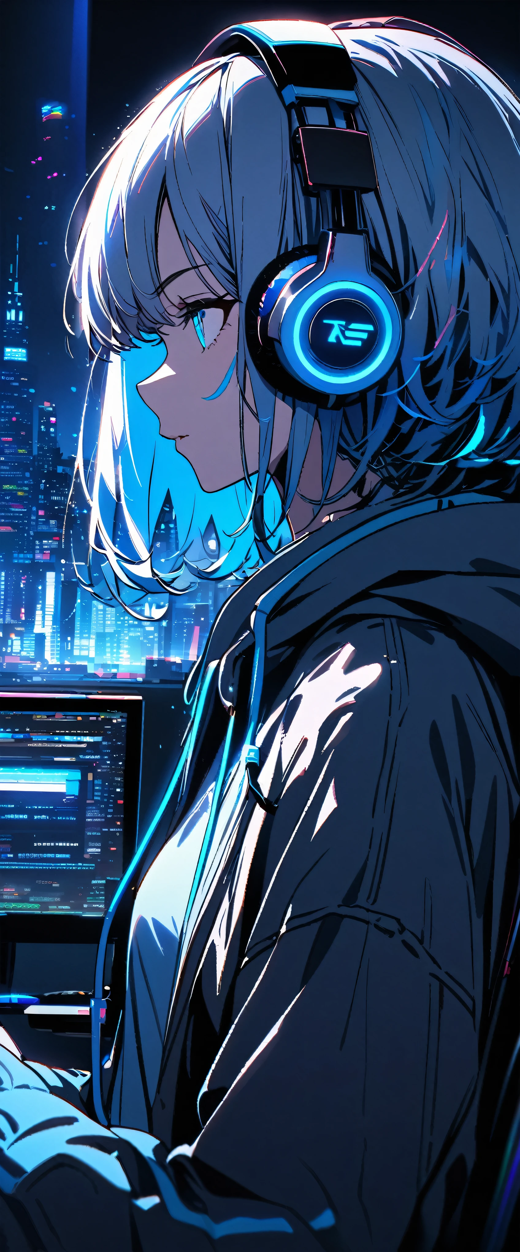 ultra detailed,1 girl, solo, hoodie, facial profile, headphone, RGB lighting headphones, headphones with blue lighting, headphone with cable, blue lighting, city, night city