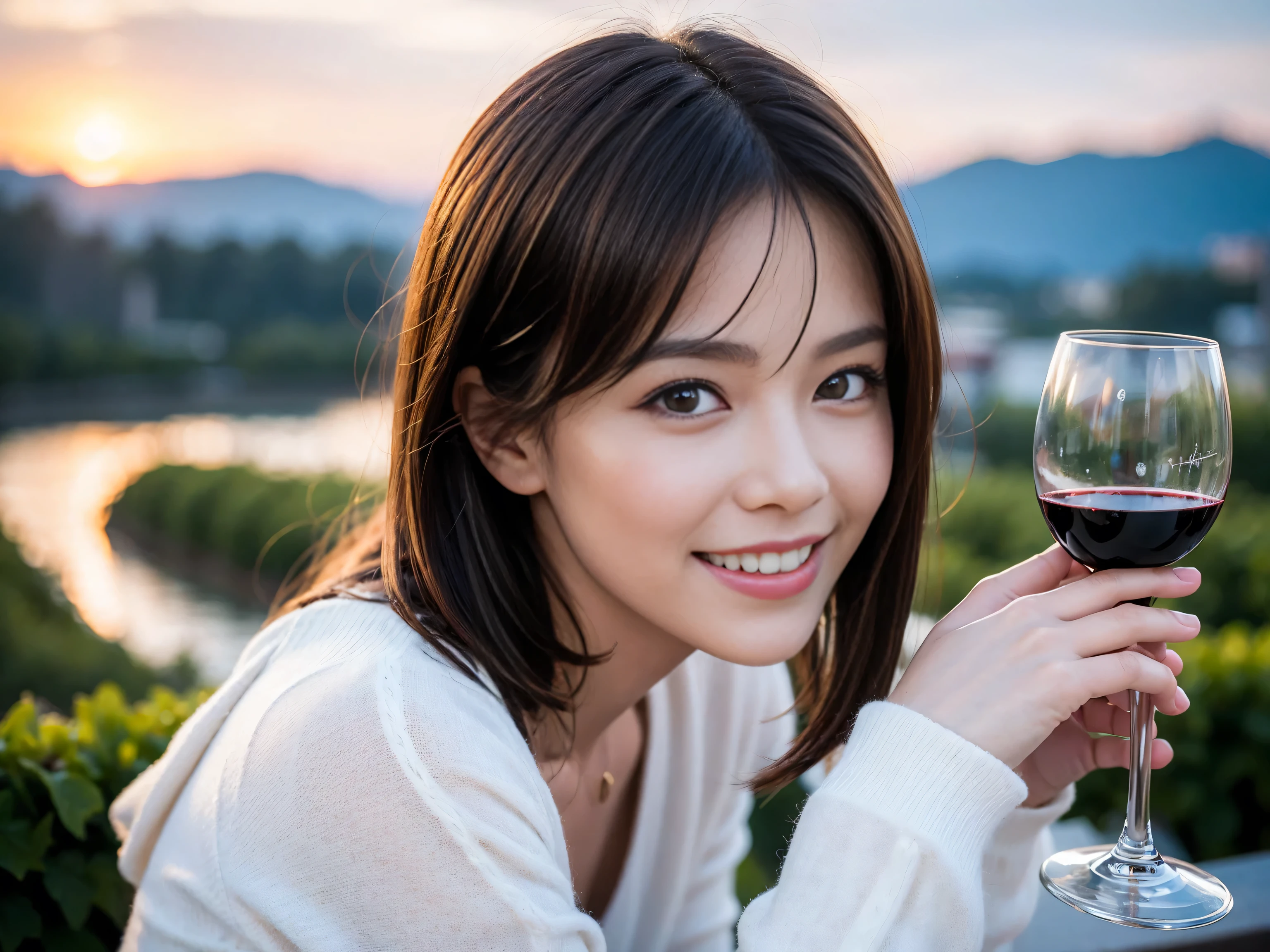 ((highest quality、8k、masterpiece:1.3))、1 male、1 female、Satomi Ishihara lookalike couple、Spouse、Brown Hair Couple、The body is slim、((Bob Hale、Straight hair:1.2)), (Realistic, Intricate details:1.2), Wine glass on the table、Put the light on your face、 Amazing view of the sunset sky and clouds、Amazing mountain views、A bright smile、The wonderfulness of smile、Bright image、The beauty of wine, Beautiful Face, blue eyes, The light shines on your face, Blushing, short hair,Bright Face、 (41 years old), 39 years old, red wine 、Appetizers、Italian food、Wine bottle、Champagne、sparkling wine、Two beauties、Brown Hair、Shortcuts、Long sleeve shirt、dress、Pretty Woman 1, (Slim face), (The body is slim), (Brown Hair), (Shortcuts), cheeks turn a little red,Attractive beauty、restaurant, In a prominent place (From the waist up) Nova Frog Style, actress, model, Upper Body, White wine, slim, wine glass, A wine glass placed in the center, smile, (smile: 1.15), Beautiful fine grain, Depth f/2,saturation, High Contrast, Strong light and shadow,Moist Body:1.5、3D texture、Delicate eyes、Brown Hair、The hair is very shiny、