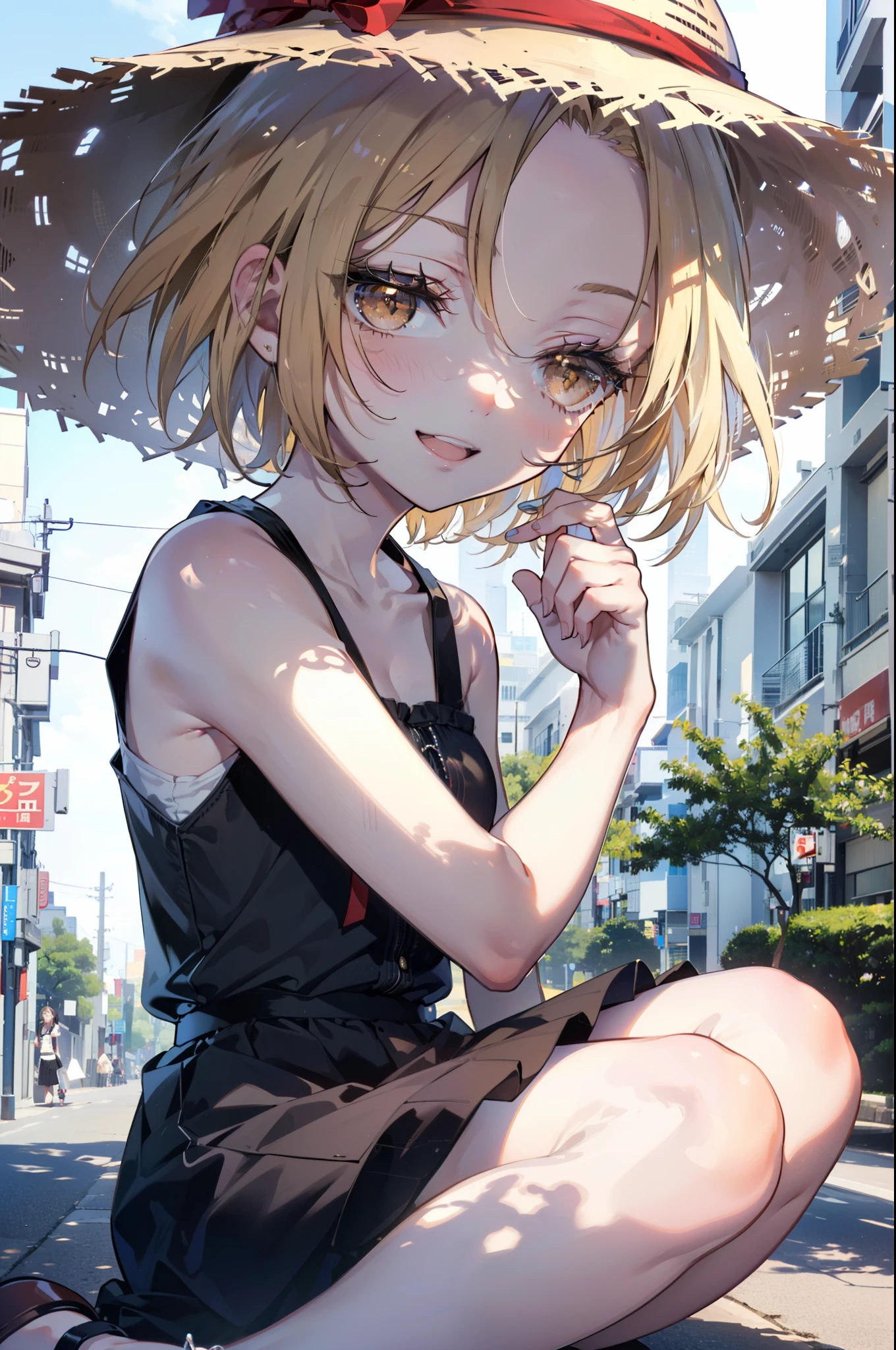 (annakyouyama, anna kyouyama, Blonde Hair, short hair, (Brown eyes:1.7),happy smile, smile, Open your mouth,Big straw hat,Black sleeveless dress,Long skirt,Cute Sandals,Daytime,Clear skies,Walking,
壊す looking at viewer, whole body,
Destroy outdoors, Building district,Destroy the coastal road (masterpiece:1.2), highest quality, High resolution, unity 8k wallpaper, (shape:0.8), (Fine and beautiful eyes:1.6), Highly detailed face, Perfect lighting, Highly detailed CG, (Perfect hands, Perfect Anatomy),