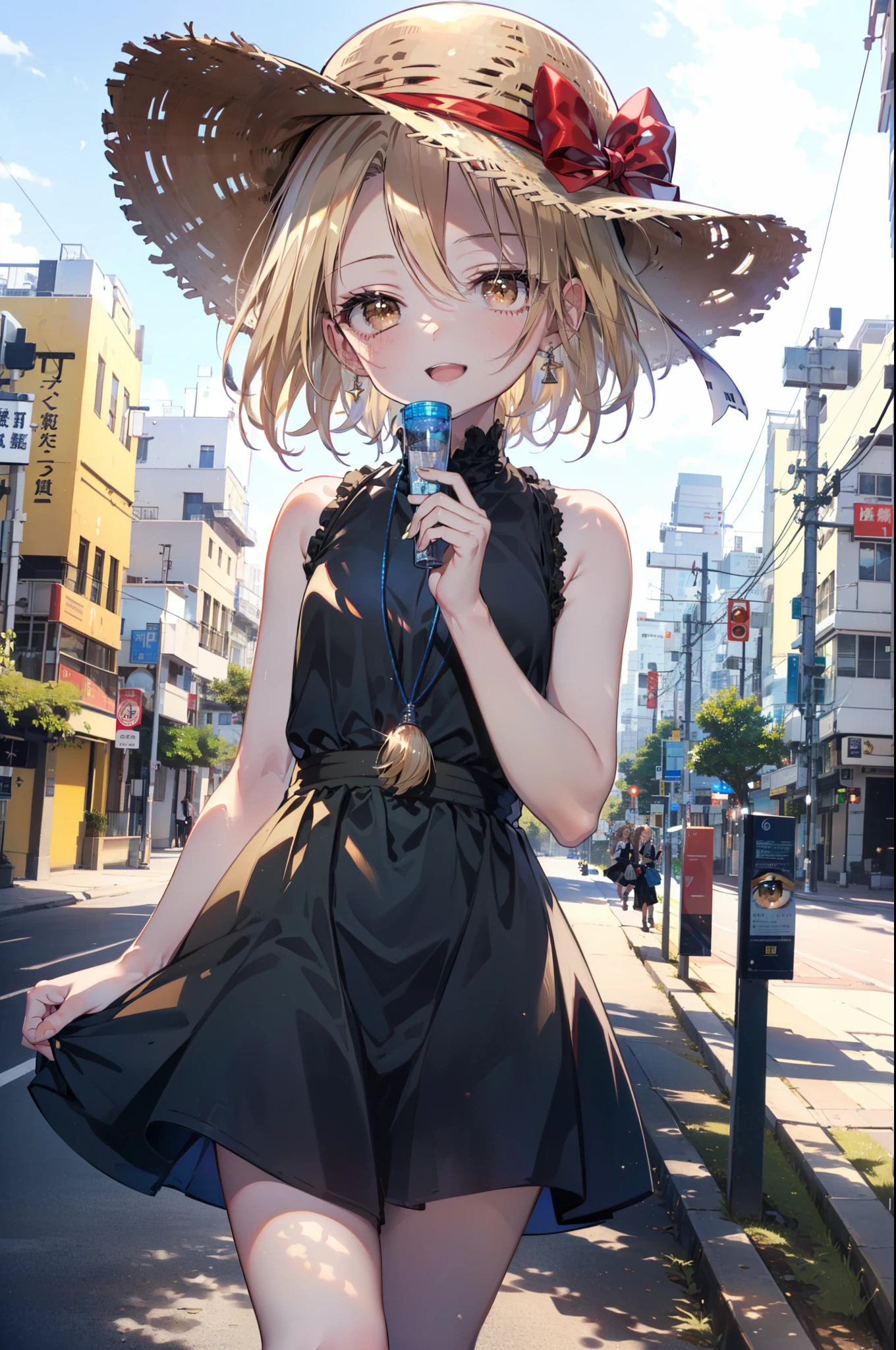 (annakyouyama, anna kyouyama, Blonde Hair, short hair, (Brown eyes:1.7),happy smile, smile, Open your mouth,Big straw hat,Black sleeveless dress,Long skirt,Cute Sandals,Daytime,Clear skies,Walking,
壊す looking at viewer, whole body,
Destroy outdoors, Building district,Destroy the coastal road (masterpiece:1.2), highest quality, High resolution, unity 8k wallpaper, (shape:0.8), (Fine and beautiful eyes:1.6), Highly detailed face, Perfect lighting, Highly detailed CG, (Perfect hands, Perfect Anatomy),