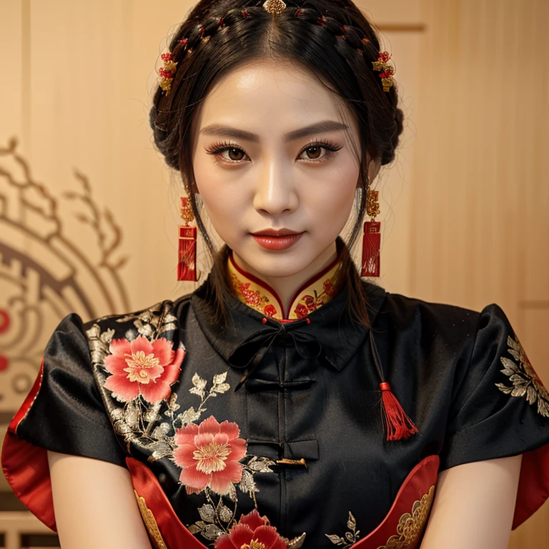 Close-up of a woman wearing a black and red dress, Chinese style, Cheongsam, Chinese dress, black and red silk clothes, with ancient Chinese clothes, traditional chinese, Chinese dress, traditional chinese clothing, wearing a red Cheongsam, Chinese woman, Chinese girl, Hanfu, สวมChinese dressโบราณ, Black and Red only, Chinese princess