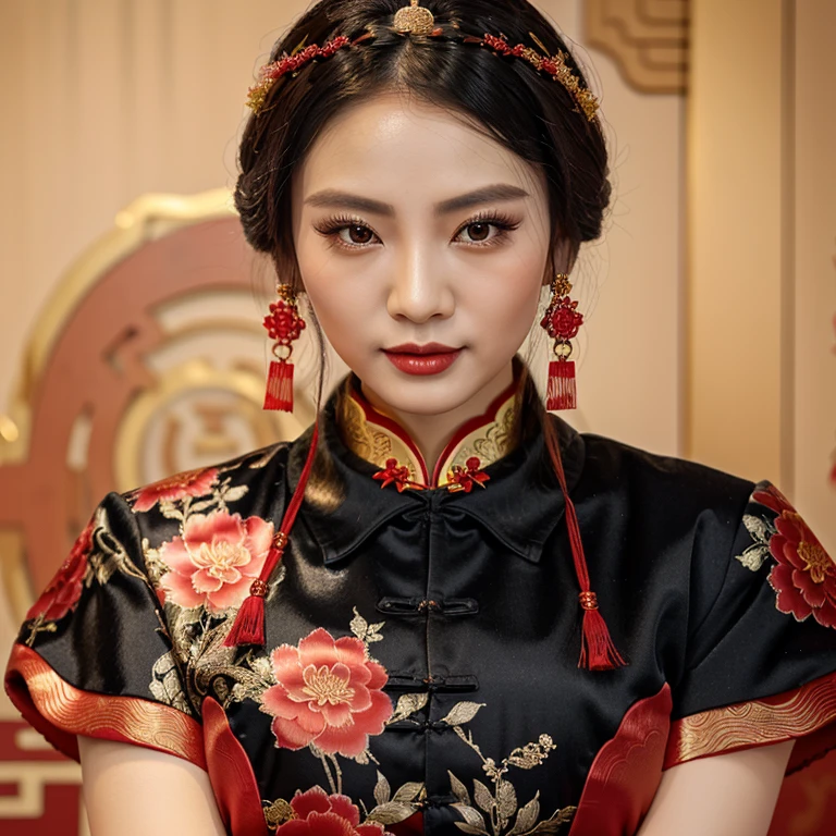 Close-up of a woman wearing a black and red dress, Chinese style, Cheongsam, Chinese dress, black and red silk clothes, with ancient Chinese clothes, traditional chinese, Chinese dress, traditional chinese clothing, wearing a red Cheongsam, Chinese woman, Chinese girl, Hanfu, สวมChinese dressโบราณ, Black and Red only, Chinese princess