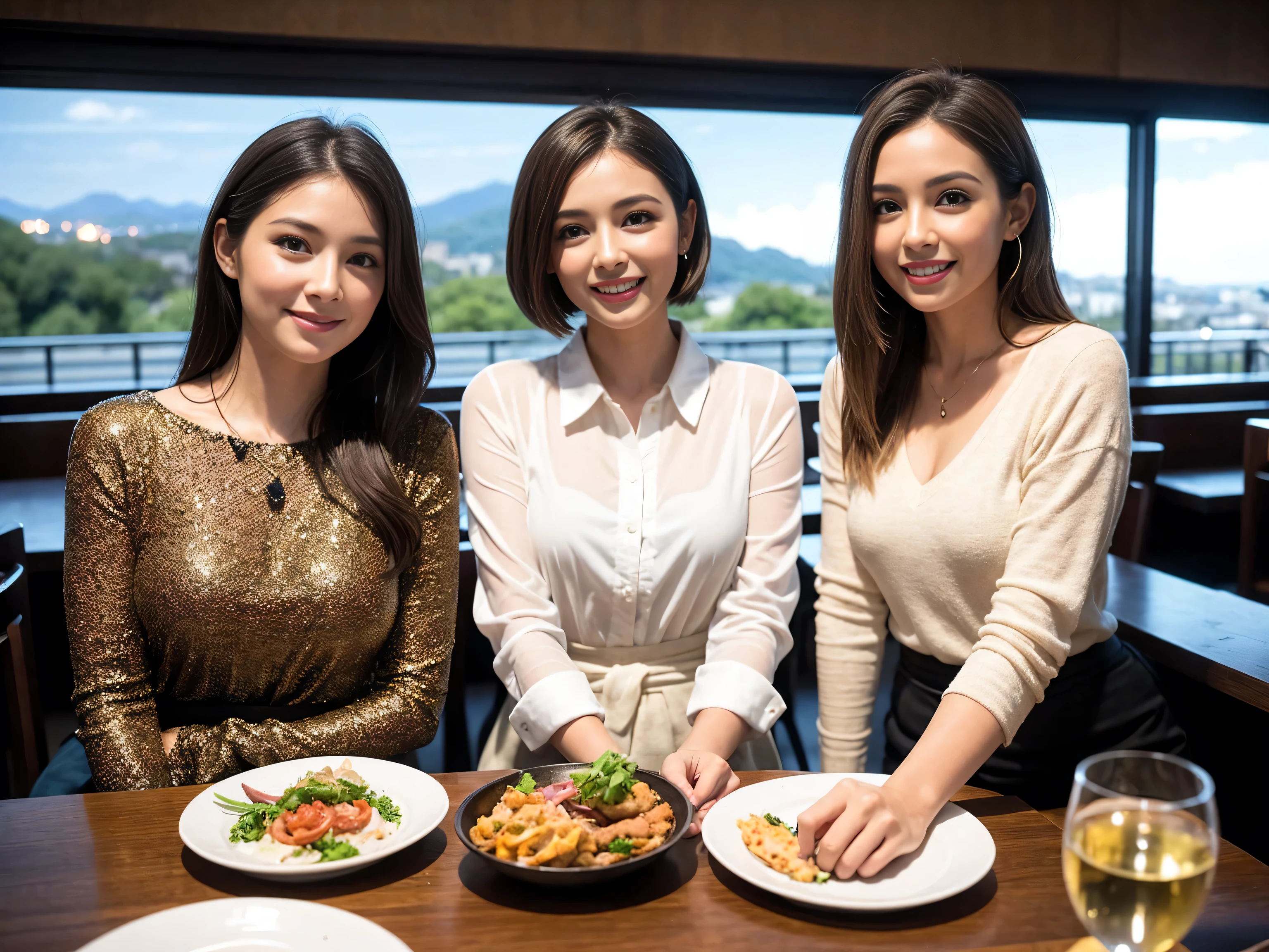 ((highest quality、8k、masterpiece:1.3))、1 male、1 woman who resembles Satomi Ishihara、Couple、Spouse、Couple、The body is slim、((Bob Hale、Straight hair:1.2)), (Realistic, Intricate details:1.2), Wine glass on the table、Put the light on your face、 Amazing view of the sunset sky and clouds、Amazing mountain views、A bright smile、The wonderfulness of smile、Bright image、The beauty of wine, Beautiful Face, blue eyes, The light shines on your face, Blushing, short hair,Bright Face、 (Age 42), 39 years old, red wine 、Appetizers、Italian food、Wine bottle、Champagne、sparkling wine、Two beauties、Brown Hair、Shortcuts、Long sleeve shirt、dress、Pretty Woman 1, (Slim face), (The body is slim), (Brown Hair), (Shortcuts), cheeks turn a little red,Attractive beauty、restaurant, In a prominent place (From the waist up) Nova Frog Style, actress, model, Upper Body, White wine, slim, wine glass, A wine glass placed in the center, smile, (smile: 1.15), Beautiful fine grain, Depth f/2,saturation, High Contrast, Strong light and shadow,Moist Body:1.5、3D texture、Delicate eyes、Brown Hair、The hair is very shiny、