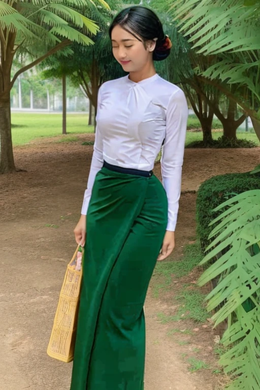 A school teacher is 30years old.Tall, thin, big hips, big breasts, black hair, small lips, brown eyes, attractive, K.Top=white Burmese blouse,With long sleeves,Buttoned at the side.Bottom=(Dark green) long skirt.
Footwear=female Burmese sandals,The hair is knotted bun.