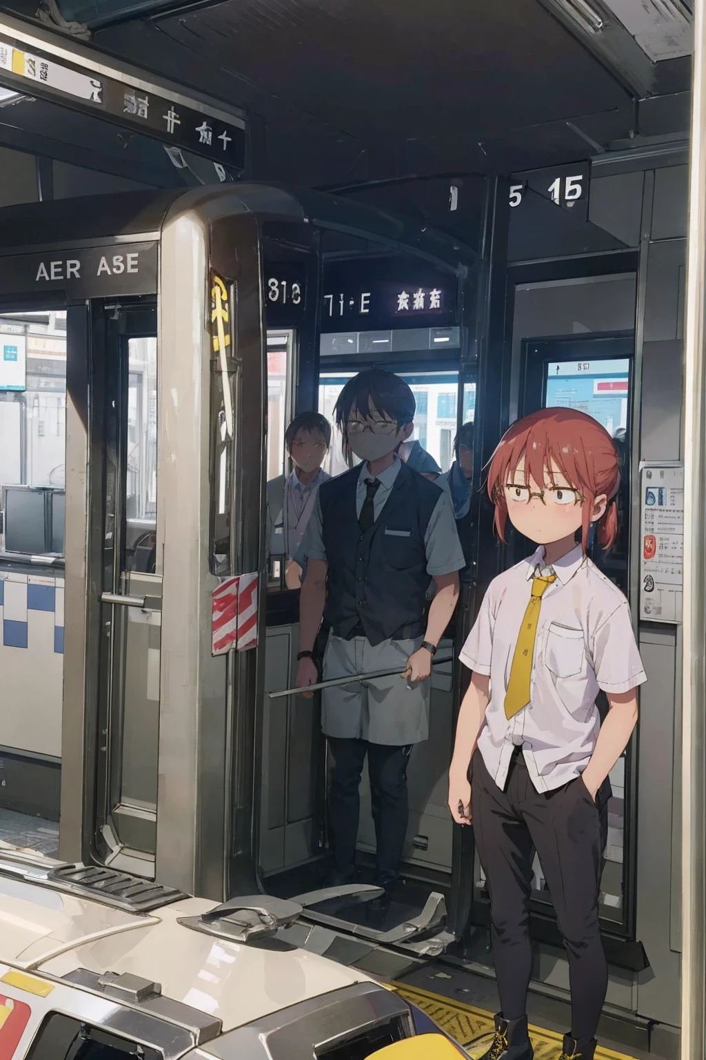 absurderes、​masterpiece、top-quality、Kobayashi,1 girl, white shirt, yellow tie, black pants,short sleeves、office boots, tired, flat chest, Highly detailed body lines, in public metro, underground carriage, standing, front view, many male around, male closely,