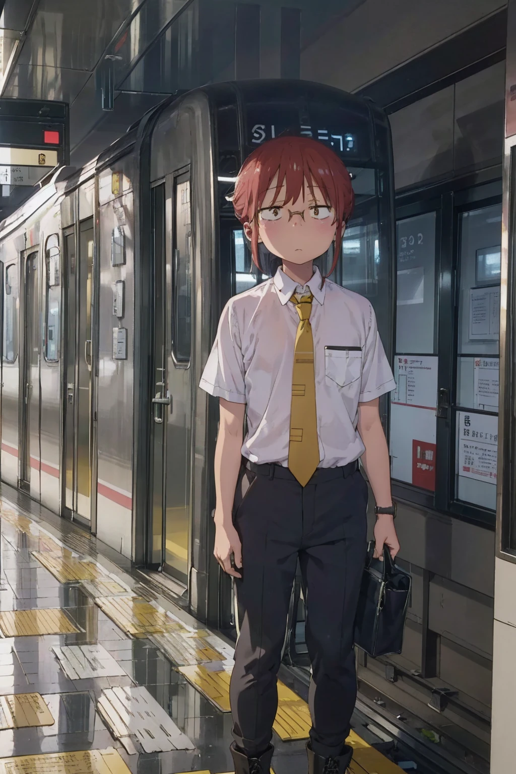 absurderes、​masterpiece、top-quality、Kobayashi,1 girl, white shirt, yellow tie, black pants,short sleeves、office boots, tired, flat chest, Highly detailed body lines, in public metro, underground carriage, standing, front view, many male around, male closely,