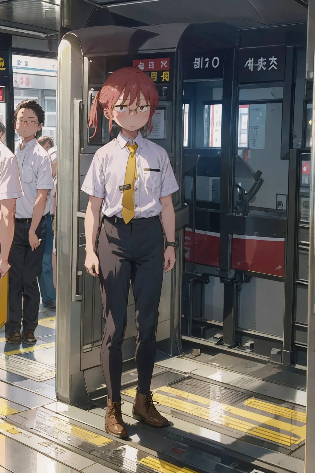 absurderes、masterpiece、top-quality、Kobayashi,1 girl, white shirt, yellow tie, black pants,short sleeves、office boots, tired, flat chest, Highly detailed body lines, in public metro, underground carriage, standing, front view, many male around, male closely,