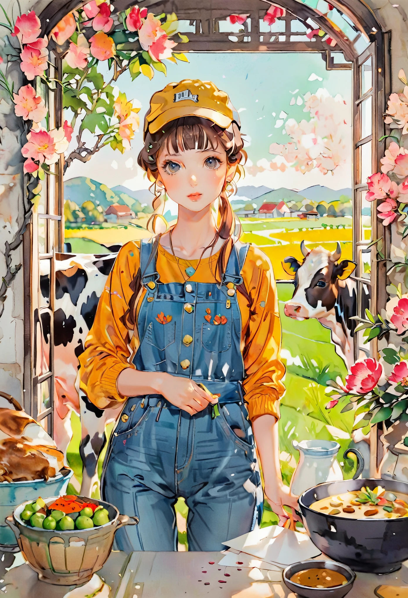 (((paper cutting style))), 1 girl, short brown curry hair, cap, denim overall, Dairy cow, portfolio