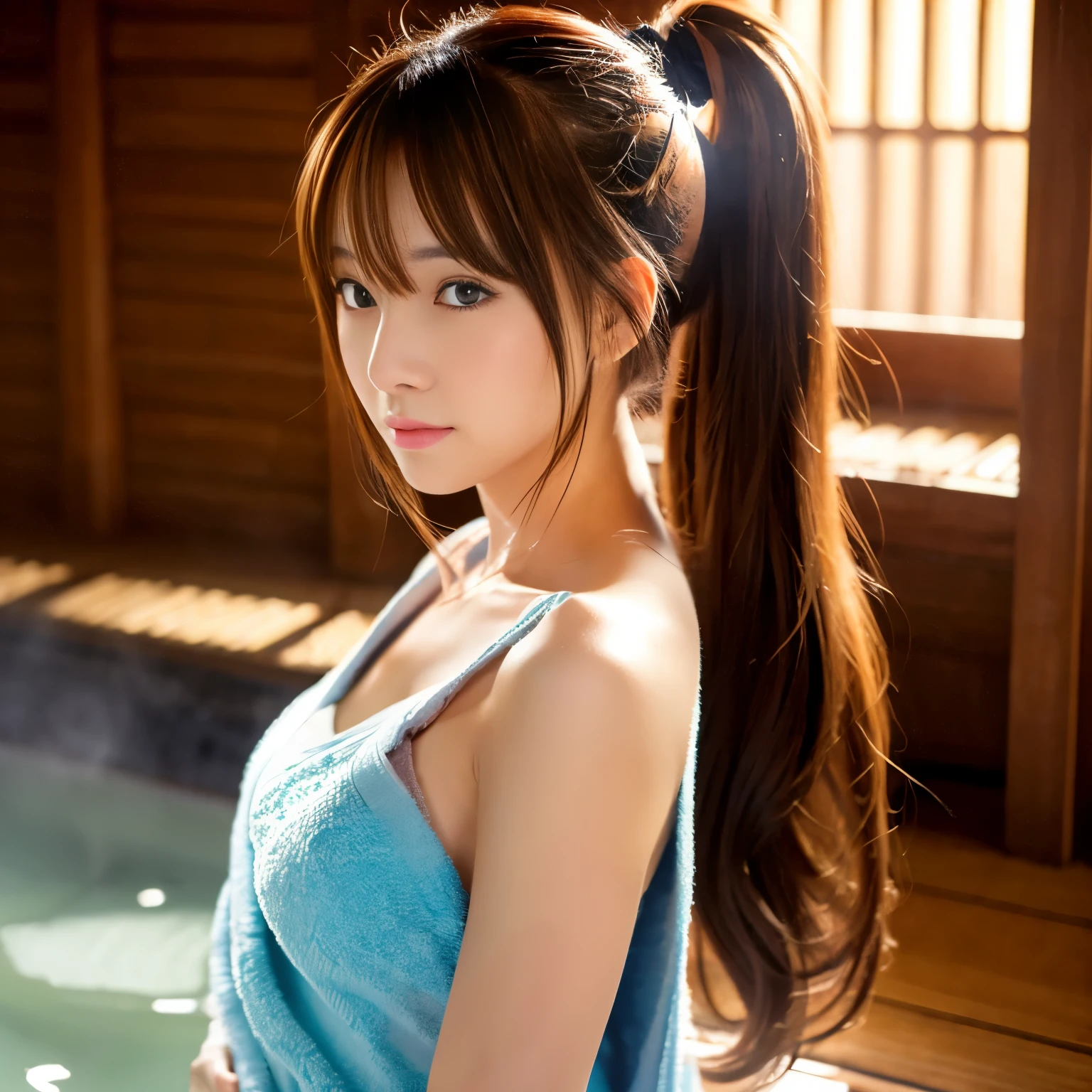 1girl in, Anime Girl with Long Hair, anime moe art style, Anime visuals of cute girls, Anime Best Girl, Itsuki Nakano Fan Art, pretty anime girl, Smooth Anime CG Art, Seductive Anime Girl, charming anime girls, Cute anime girl, Shining eyes, huge tit, close up, Red hair, Blue eyes, (Portrait), Onsen, hot onsen, Water, steam, covered with a towel, Ponytail