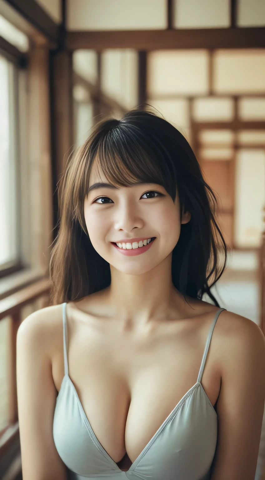 masterpiece,best quality,(Japanese ),((Beautiful girl)),cleavage,indoor,(perfect body beauty:1.2),(shy smile),beautiful teeth,