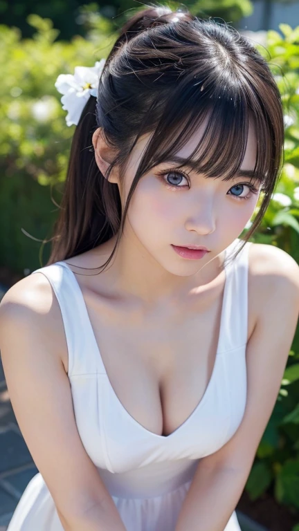 8K、Detailed Description、Very high definition、Realistic、reality的、Real、live-action、reality、High resolution、Nogizaka46、japanese idol,beautiful girl、21 years old、Sleeveless dress、Knee-up-top angle of view、Mouth closed、garden、sunny、Side Pony、Very black hair、Hair blowing in the wind、pretty girl、Beauty、Large Breasts、Glowing Skin、Glowing Skin、Shiny Hair、Very white skin、Heavy makeup、Embarrassed、Shyly、Slit eyes、Big Eyes、Double eyelids、Don't show your teeth、Bend over and peer at me、Looking up、Cross your arms behind your hips、Pouting face
