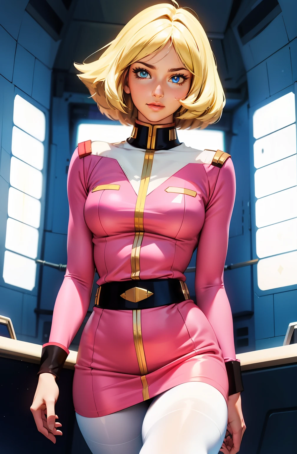 ((masterpiece)), ((cinematic lighting)), realistic photo、Real Images、Top image quality、1girl in, sayla mass, Elegant, masterpiece, Convoluted, slim arms, wide hips, thick thighs, thigh gaps, Best Quality, absurderes, high face detail, Perfect eyes, mature, Cowboy Shot, , Vibrant colors, soft pink uniform, soft pink Skirt, white tights