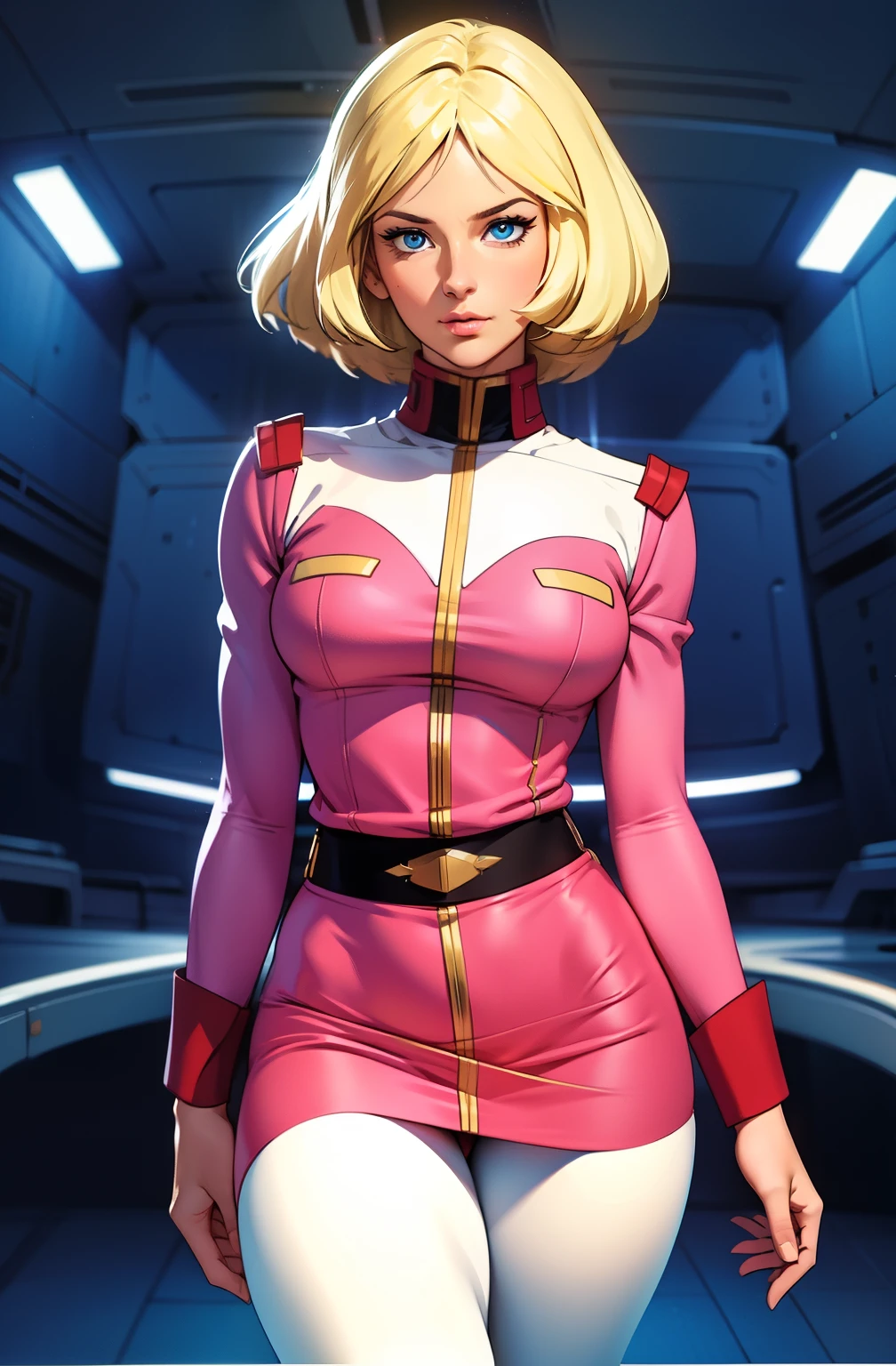 ((masterpiece)), ((cinematic lighting)), realistic photo、Real Images、Top image quality、1girl in, sayla mass, Elegant, masterpiece, Convoluted, slim arms, wide hips, thick thighs, thigh gaps, Best Quality, absurderes, high face detail, Perfect eyes, mature, Cowboy Shot, , Vibrant colors, soft pink uniform, soft pink Skirt, white tights