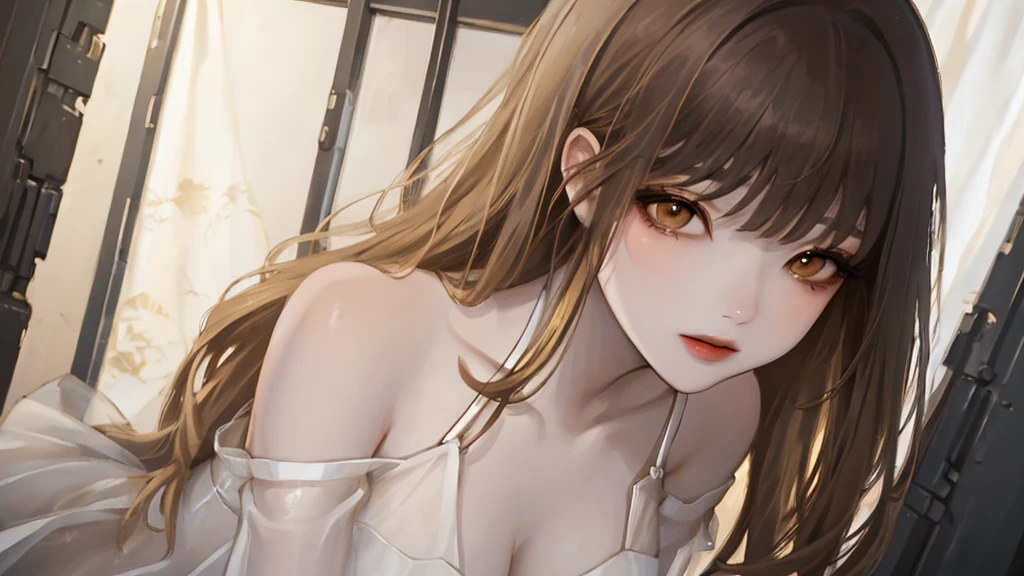 One girl, alone, (highest quality, High resolution), Portraiture, Upper Body, Elegant mature woman, Brown eyes, Long Hair, Side bangs, [[Brown Hair]], (Blonde Hair), Transparent slip dress, See-through slip dress, White Curtains, Ultra-detailed CG 8k, masterpiece,Chair,Concept Art,Golden Ratio,Surrounded by flowers,ruins