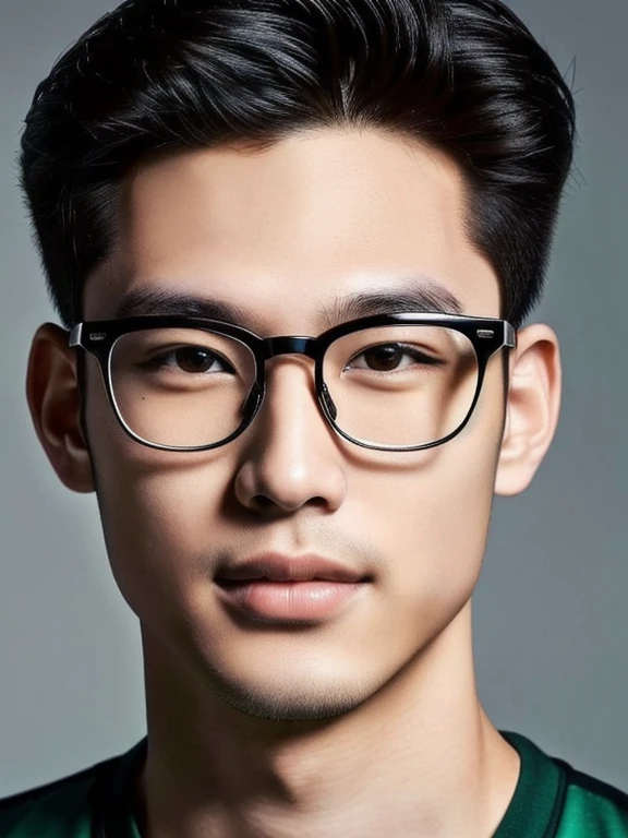 arafed man with glasses and a green shirt posing for a picture, Southeast Asians with round faces, Headshot profile picture, Asian man, Handsome Chad Chin, Darren Quach, Medium portrait, Headshot, man with glasses, Rick Dai, David Luong, close-up portrait, Wide facial cleanser, Christopher Chao, ใบหน้าที่ละเอียดของเด็กAsian man