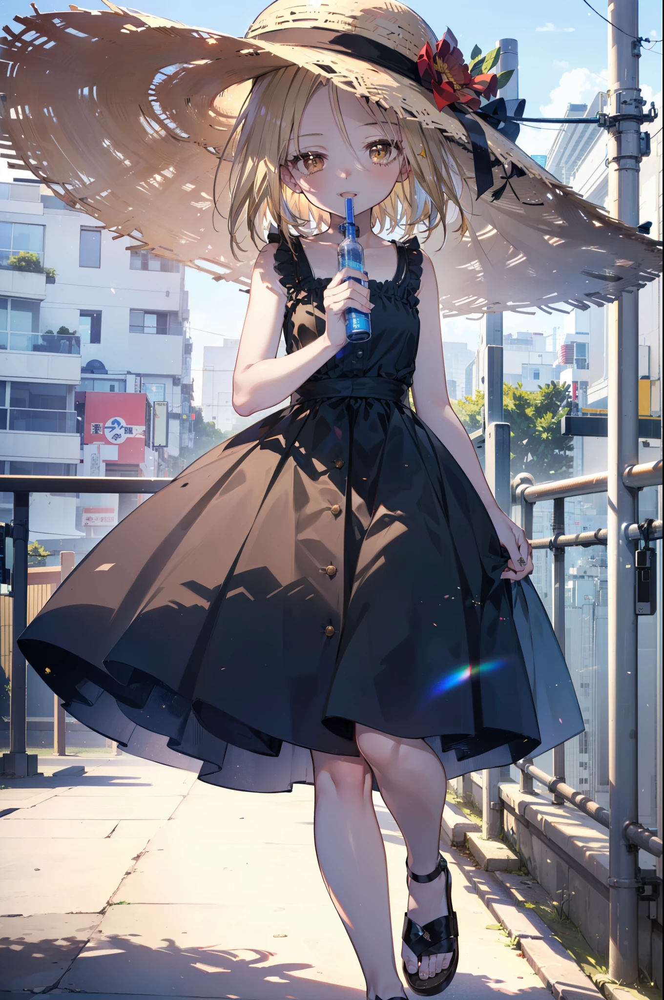 (annakyouyama, anna kyouyama, Blonde Hair, short hair, (Brown eyes:1.7),happy smile, smile, Open your mouth,Big straw hat,Black sleeveless dress,Long skirt,Cute Sandals,Daytime,Clear skies,Walking,
壊す looking at viewer, whole body,
Destroy outdoors, Building district,Destroy the coastal road (masterpiece:1.2), highest quality, High resolution, unity 8k wallpaper, (shape:0.8), (Fine and beautiful eyes:1.6), Highly detailed face, Perfect lighting, Highly detailed CG, (Perfect hands, Perfect Anatomy),