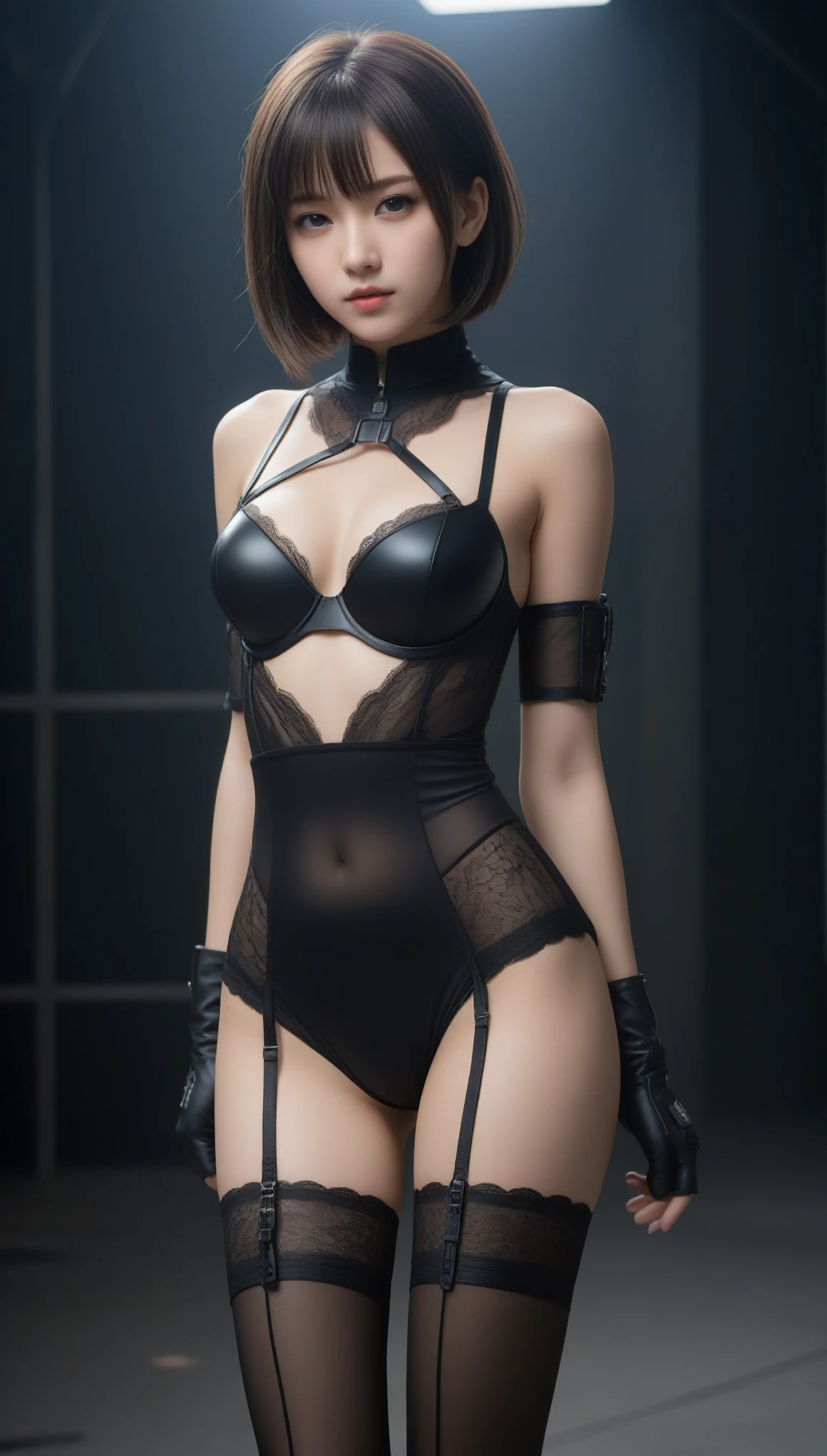 8k, Ultra-high resolution, highest quality, masterpiece, Surreal, photograph, 1 girl, (:1.3), pretty girl, Cute Face, Beautiful eyes in every detail, 細かくdetailedに,masterpiece,, One Girl:1.2, Japan Female Announcer, Ghoulish cyberpunk woman,Bob Haircut,(Futuristic Leotard:1.05),Lace blouse,(lace stockings with garters), Are standing, (In a post-apocalyptic scenario:1.2),Expression of despair,Dark and atmospheric lighting, This pose expresses a somber ecstasy.,Bold Pose,Looking at the audience、beauty,Long neck、Laugh a little、Please close your mouth and laugh、(((Ideal body type))),A cup small breasts :2,、Portraiture:2、Perfect Anatomy、鮮明なdetailed、detailed、Surreal、Light and shadow,Strong light