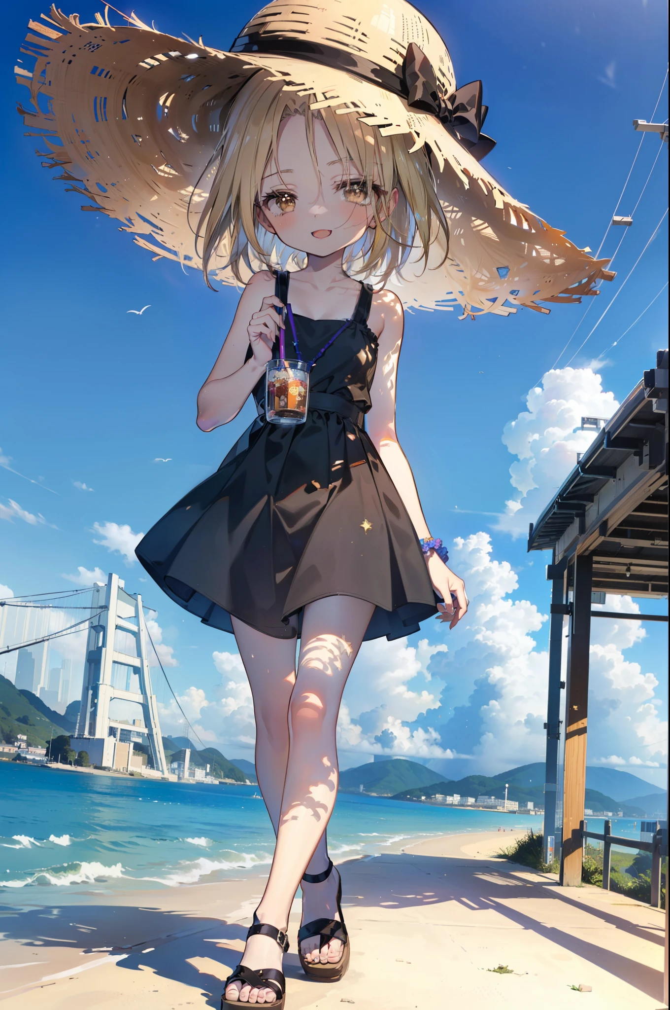 (annakyouyama, anna kyouyama, Blonde Hair, short hair, (Brown eyes:1.7),happy smile, smile, Open your mouth,Big straw hat,Black sleeveless dress,Long skirt,Cute Sandals,Daytime,Clear skies,Walking,
壊す looking at viewer, whole body,
Destroy outdoors, Building district,Destroy the coastal road (masterpiece:1.2), highest quality, High resolution, unity 8k wallpaper, (shape:0.8), (Fine and beautiful eyes:1.6), Highly detailed face, Perfect lighting, Highly detailed CG, (Perfect hands, Perfect Anatomy),