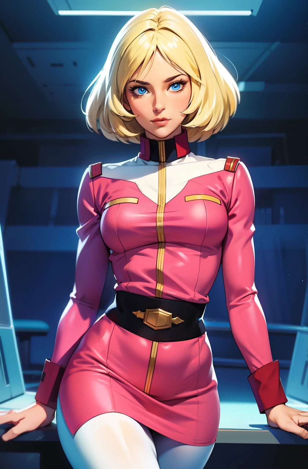 ((masterpiece)), ((cinematic lighting)), realistic photo、Real Images、Top image quality、1girl in, sayla mass, Elegant, masterpiece, Convoluted, slim arms, wide hips, thick thighs, thigh gaps, Best Quality, absurderes, high face detail, Perfect eyes, mature, Cowboy Shot, , Vibrant colors, soft pink uniform, soft pink Skirt, white tights