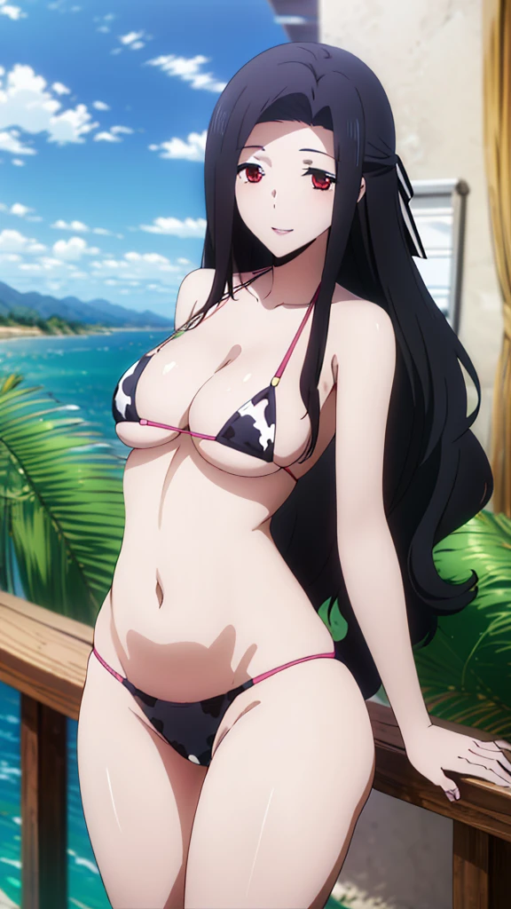 (masterpiece, 4K, highest quality, anime style: 1.9, Detailed face, Lovely, Ocean,Bold Line, High resolution, anime, Lake 4. alone, Curvaceous, Thighs, Cleavage, Center of chest, smile, Please open your mouth wide, Very slim belly, Cowboy Shot,Cow print bikini,1 girl,Red eyes, Black Hair, Long Hair, Wavy Hair, Curtain-like bangs