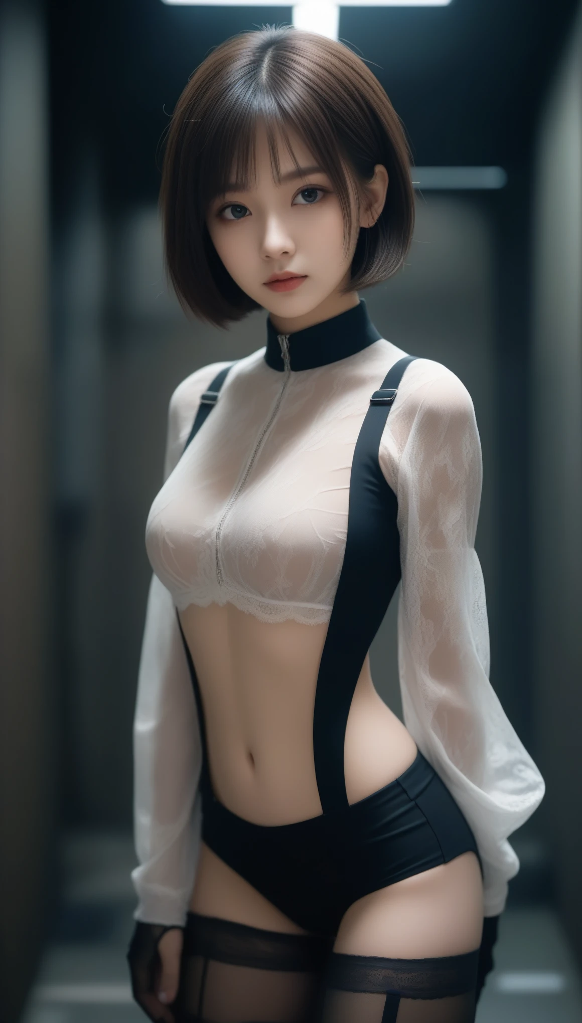 8k, Ultra-high resolution, highest quality, masterpiece, Surreal, photograph, 1 girl, (:1.3), pretty girl, Cute Face, Beautiful eyes in every detail, 細かくdetailedに,masterpiece,, One Girl:1.2, Japan Female Announcer, Ghoulish cyberpunk woman,Bob Haircut,(Futuristic Leotard:1.05),Lace blouse,(lace stockings with garters), Are standing, (In a post-apocalyptic scenario:1.2),Expression of despair,Dark and atmospheric lighting, This pose expresses a somber ecstasy.,Bold Pose,Looking at the audience、beauty,Long neck、Laugh a little、Please close your mouth and laugh、(((Ideal body type))),A cup small breasts :2,、Portraiture:2、Perfect Anatomy、鮮明なdetailed、detailed、Surreal、Light and shadow,Strong light