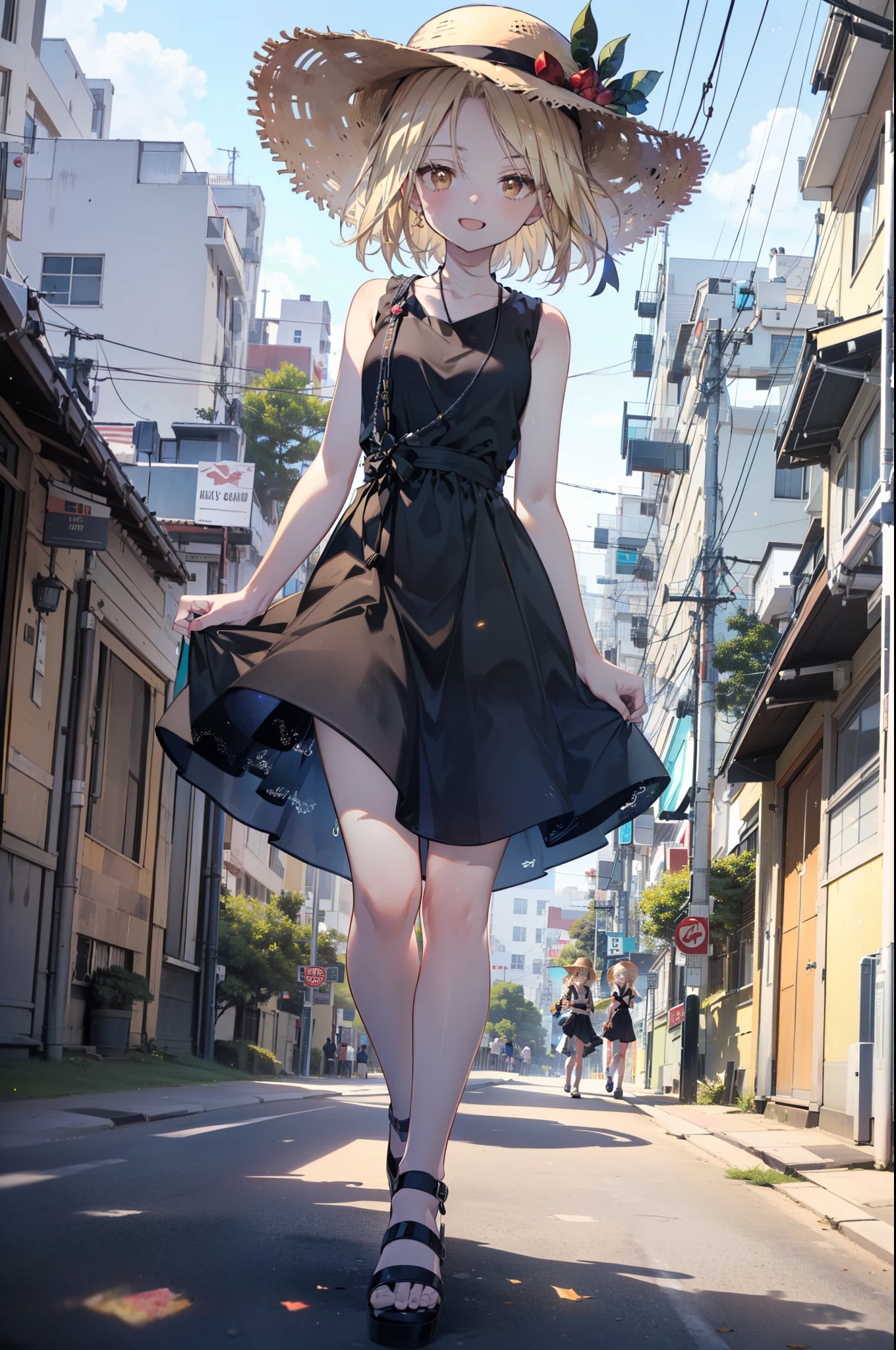 (annakyouyama, anna kyouyama, Blonde Hair, short hair, (Brown eyes:1.7),happy smile, smile, Open your mouth,Big straw hat,Black sleeveless dress,Long skirt,Cute Sandals,Daytime,Clear skies,Walking,
壊す looking at viewer, whole body,
Destroy outdoors, Building district,Destroy the coastal road (masterpiece:1.2), highest quality, High resolution, unity 8k wallpaper, (shape:0.8), (Fine and beautiful eyes:1.6), Highly detailed face, Perfect lighting, Highly detailed CG, (Perfect hands, Perfect Anatomy),