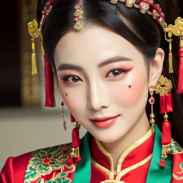 Close-up of a woman wearing a red and green dress, traditional chinese, Chinese style, Chinese woman, traditional makeup, Chinese girl, Chinese princess, Asian face, oriental face, Empress of China, Chinese dress, Chinese dress, traditional beauty, Southeast Asians with round faces, Inspired by Tang Di, Chinese heritage, Gorgeous Chinese model, traditional, beautiful oriental woman