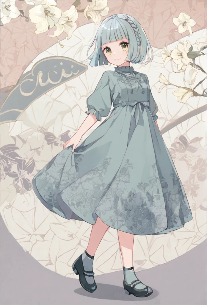 lily patterned background, pale color,(chici:1.5),1girl, braid, blunt bangs, full body, walking style, smile,