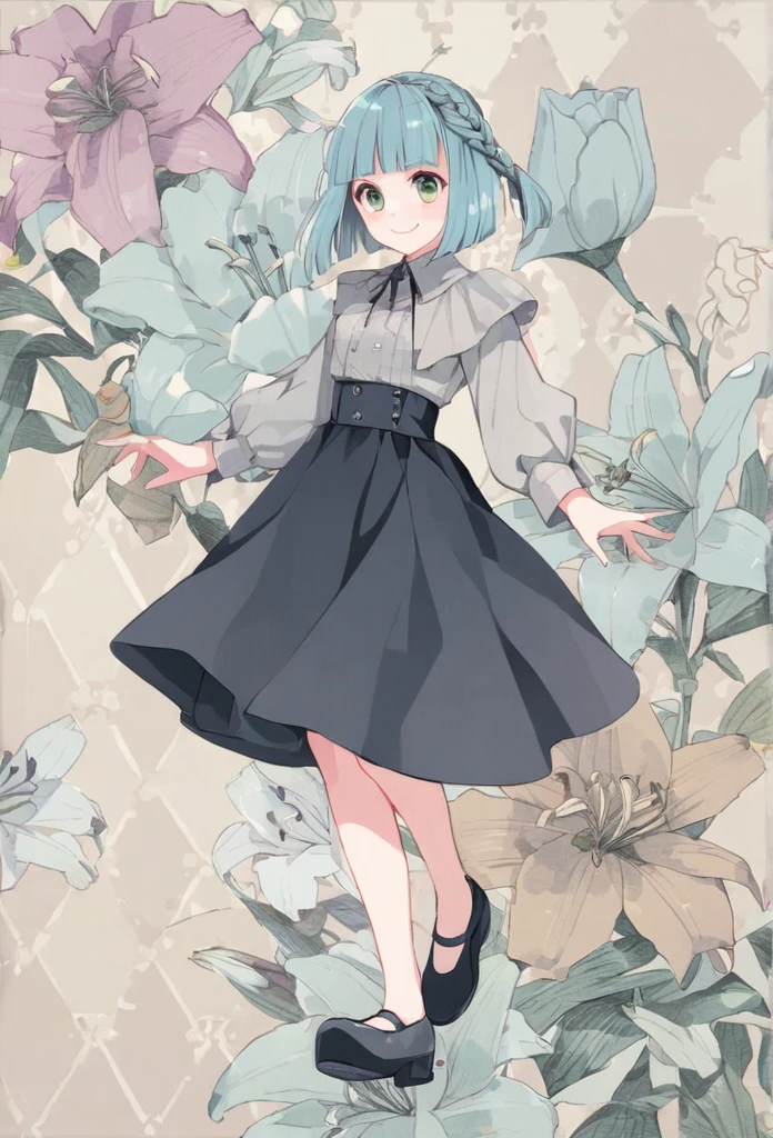 lily patterned background, pale color,(chici:1.5),1girl, braid, blunt bangs, full body, walking style, smile,