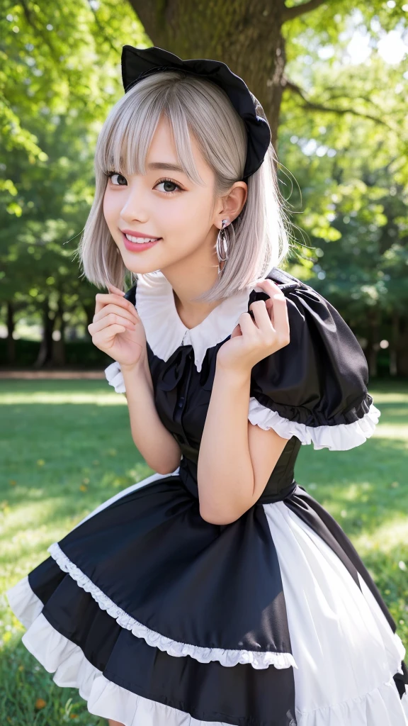 (8k, Photorealistic, Raw photo, Highest quality: 1.4),Japanese idol style1Beautiful girl of the person,18-year-old,Short Bob,Silver Hair,Hang your hair over your ears,Wearing shell earrings in her ears,Big, clear grey eyes,Long eyelashes,Tear bags,There is a blackhead under the left eye,Plump Cheeks,Pink lip gloss for glossy, plump lips,Perfect white teeth,Smiling with the corners of his mouth turned up,barefoot,Wearing a black Gothic ta dress,Standing on the grass under a tree in the park,Holding her skirt with both hands and spreading it out,She is surrounded by the gentle sunlight filtering through the trees.,Full body portrait,View from below,Looking down at the camera