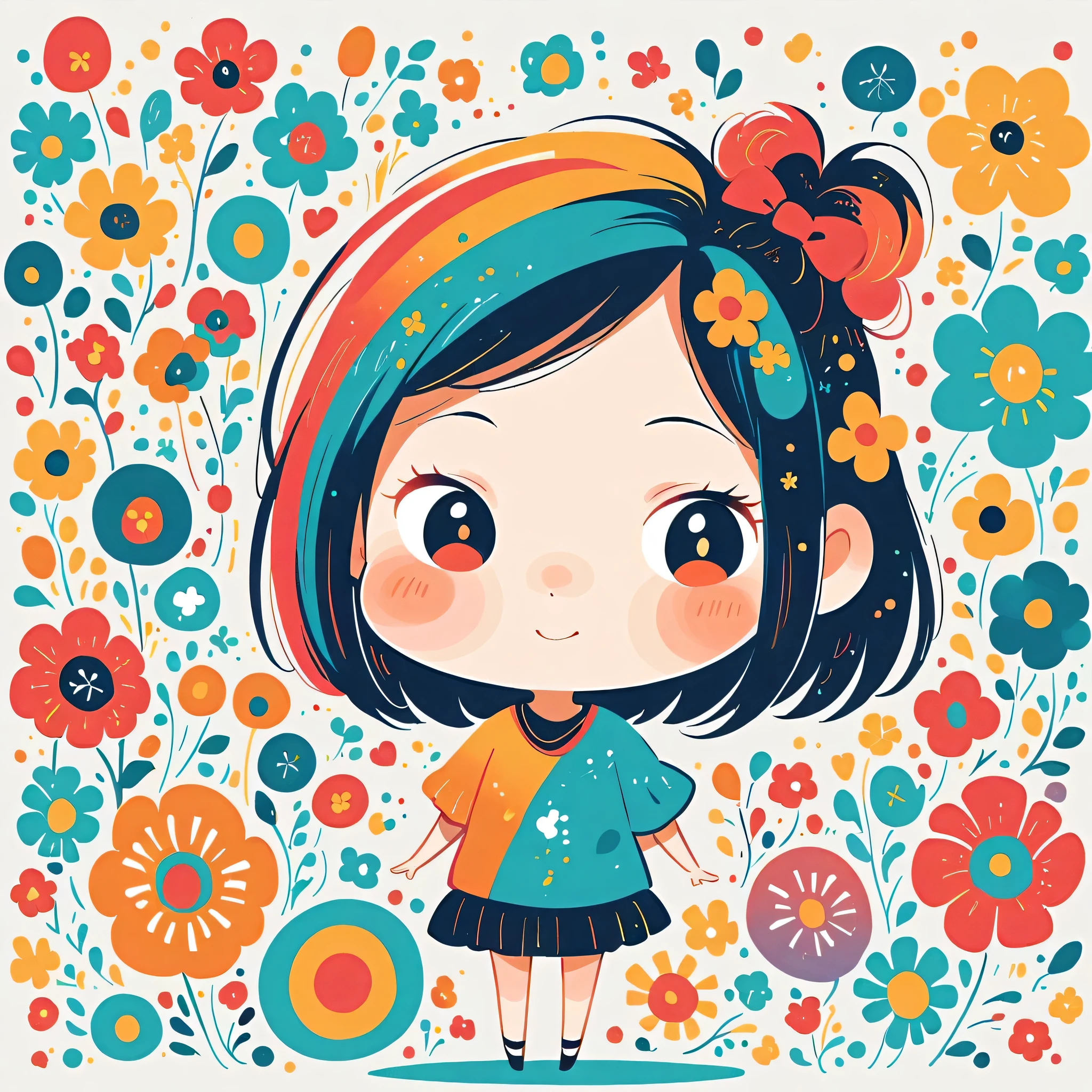 Hayao Miyazaki style, Standing in front of a high wall，Simple Line Initialism，Abstract art, (((The most beautiful girl))), (((chibi))), colorful flowers,