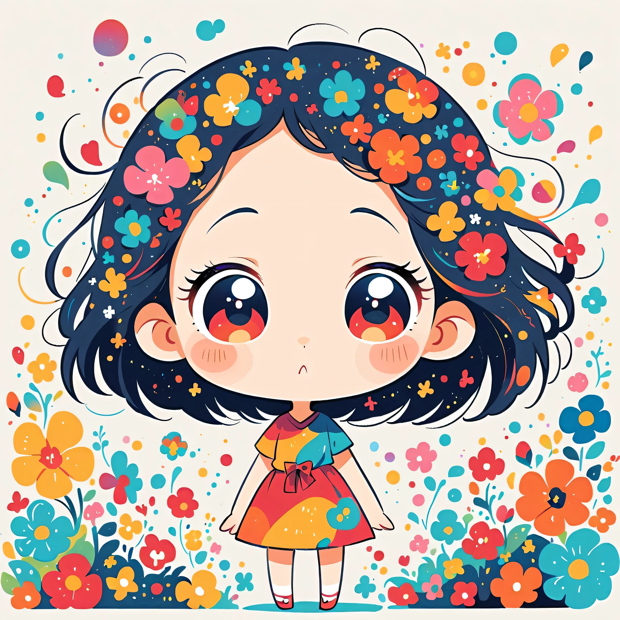 Hayao Miyazaki style, Standing in front of a high wall，Simple Line Initialism，Abstract art, (((The most beautiful girl))), (((chibi))), colorful flowers,